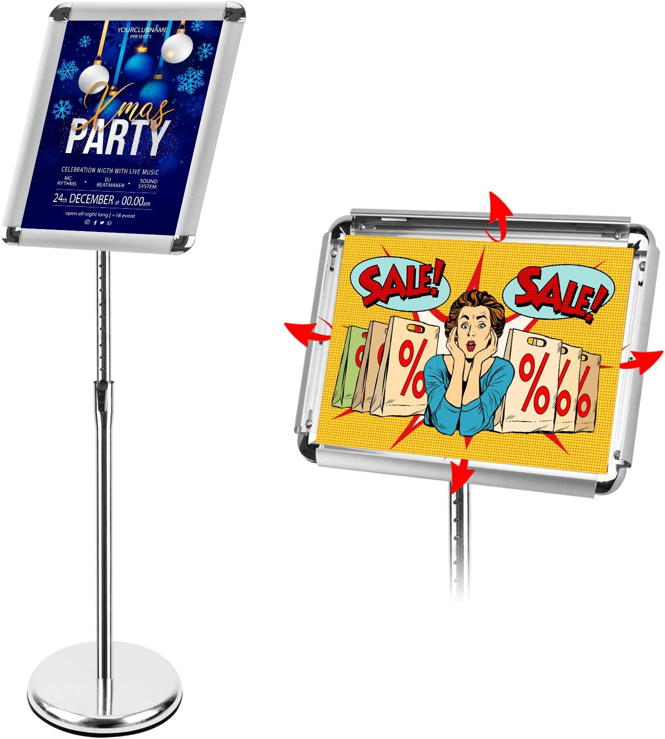 Adjustable Sign Holder Stand, Sign Stand with Base, Floor Sign for Display/Poster/Business/Shows/Restaurant/Store, Snap Open Frame, Aluminum, Sliver (8.5" x 11")