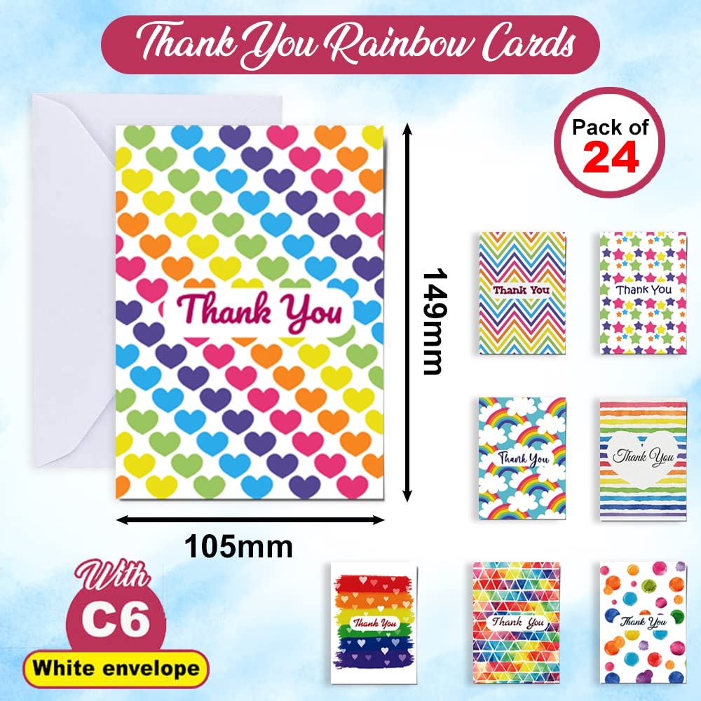 Papa Prints Pack of 24 Thank You Card Kids Greeting Cards 105 x 149 mm Rainbow Wedding Thank You Cards Multipack with Envelopes for Anniversaries - Image 2