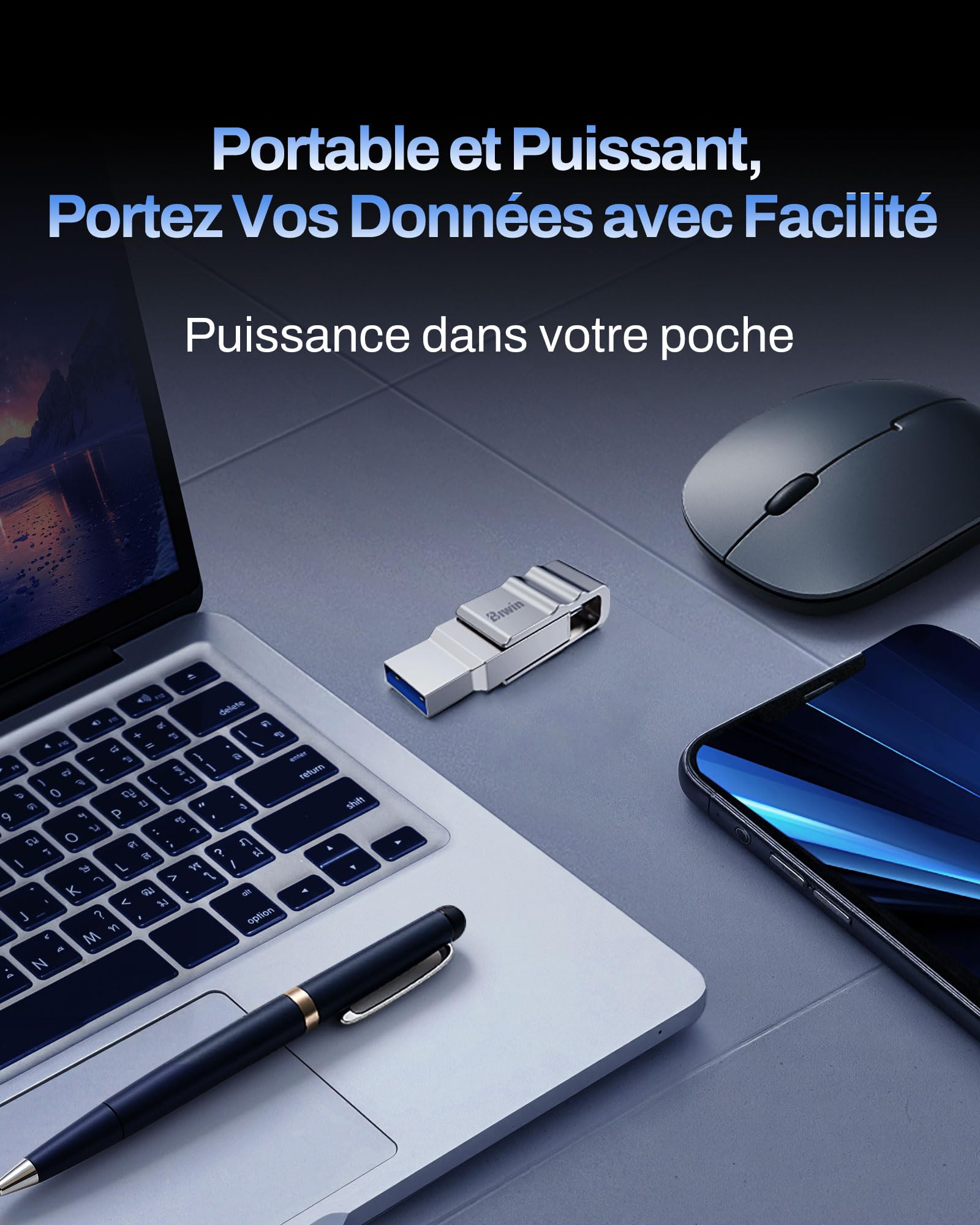 Biwin UD150 Clé USB 3.0 64 Go, Vitesses de Transfert 150 Mo/s, USB Type-C Type-A