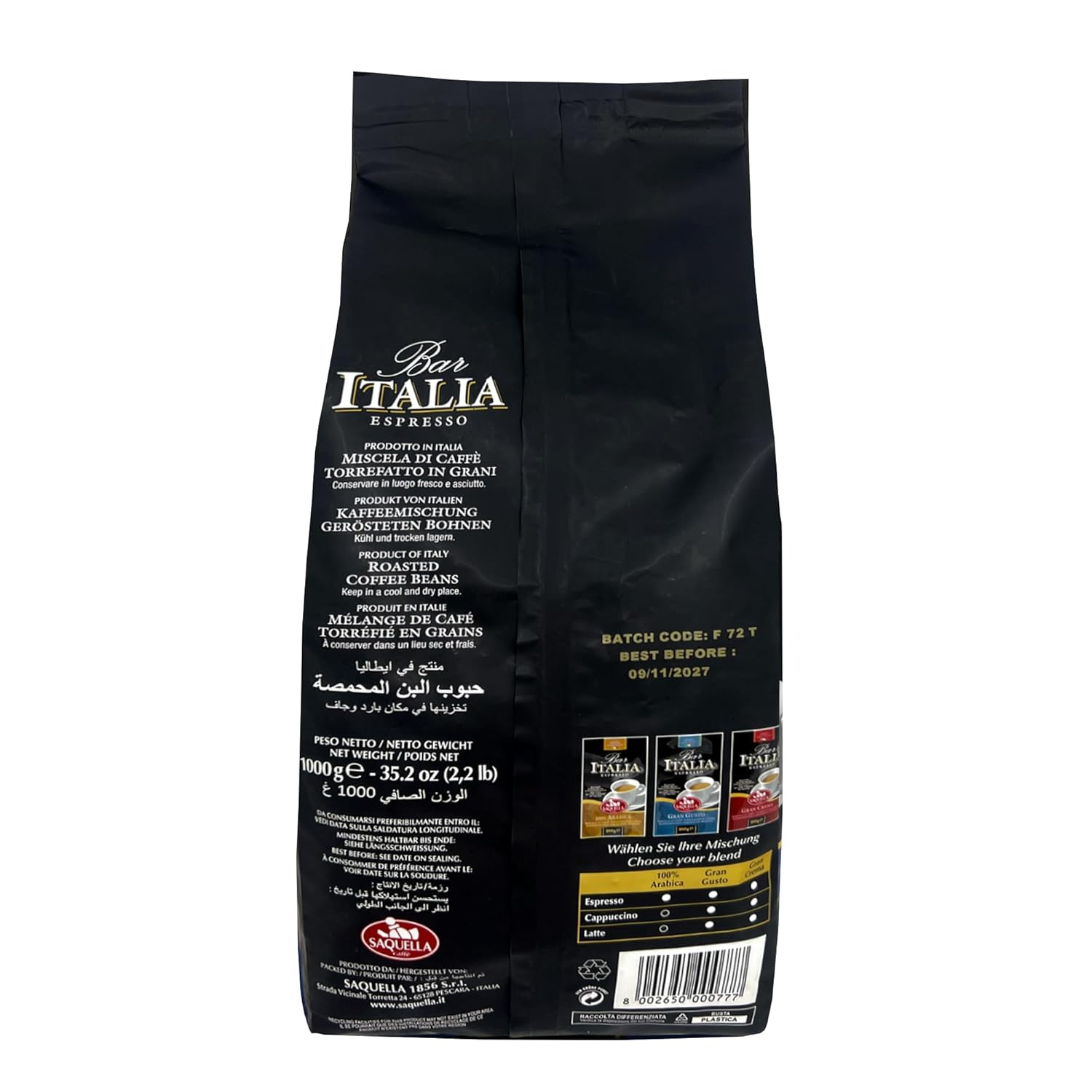 Saquella Kaffee Bar Italia Gran Gusto Espresso Coffee Beans, 1kg (2.2 lb) | Authentic Italian Espresso | Full-Bodied Aroma & Smooth Crema | Perfect for Espresso Machines