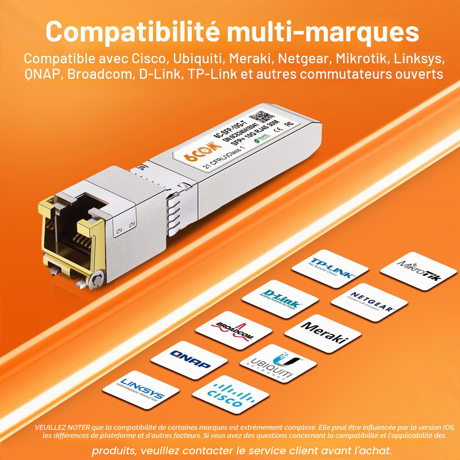 1 pièce 10G SFP+ RJ45 module cuivre, 10GBase-T SFP+ à RJ45 Transceiver, CAT6A/CAT7, 30m, échangeable à chaud, Compatible avec Cisco SFP-10G-T-S/Ubiquiti UF-RJ45-10G/MikroTik S+RJ10/D-Link (1