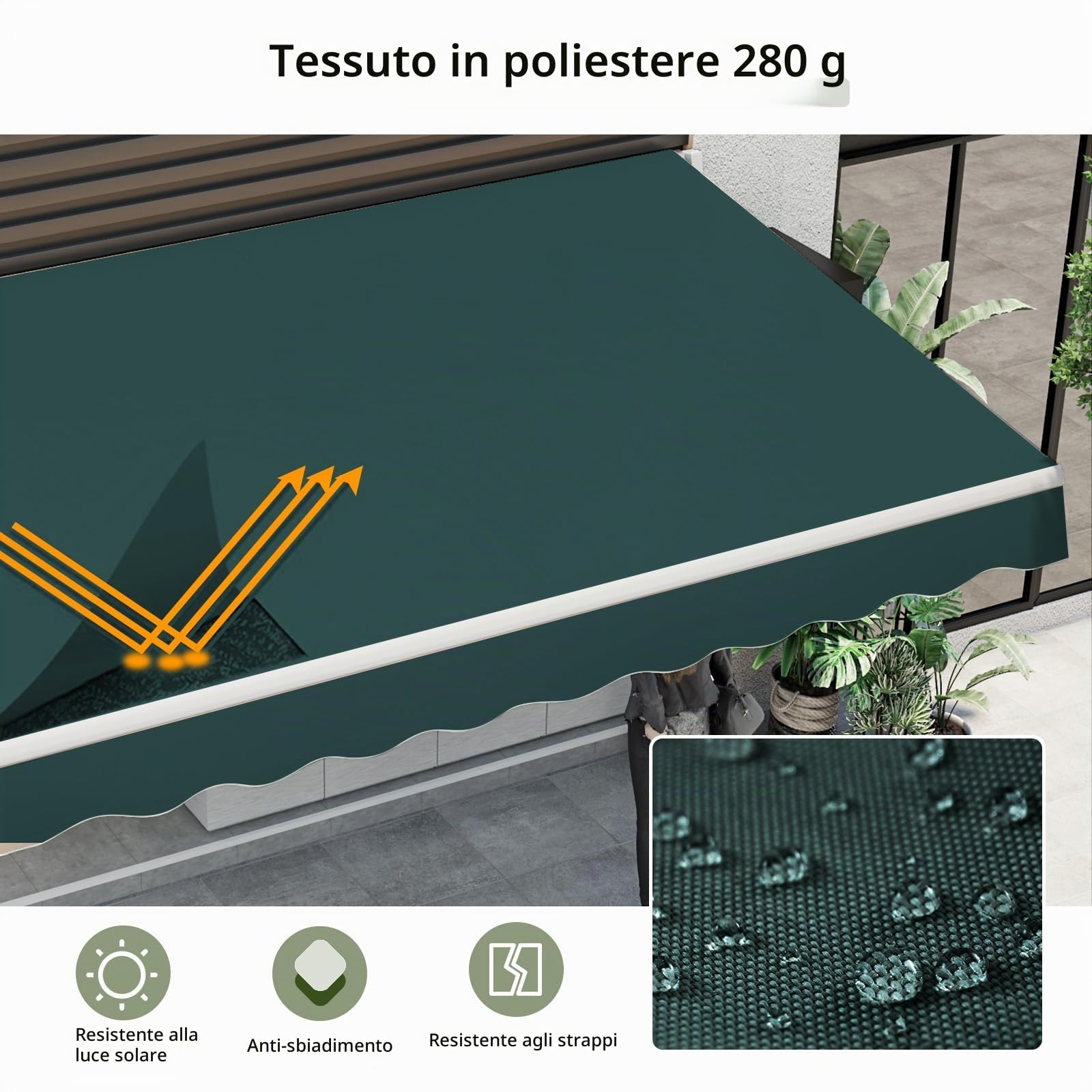 HOMASIS Tenda da Sole per Esterno, 3,6x3M, Tenda Estensibile da Veranda da Giardino, Superficie Impermeabile e Telaio in Alluminio, Tenda da Sole a Caduta per Balcone, Terrazzo (Verde)