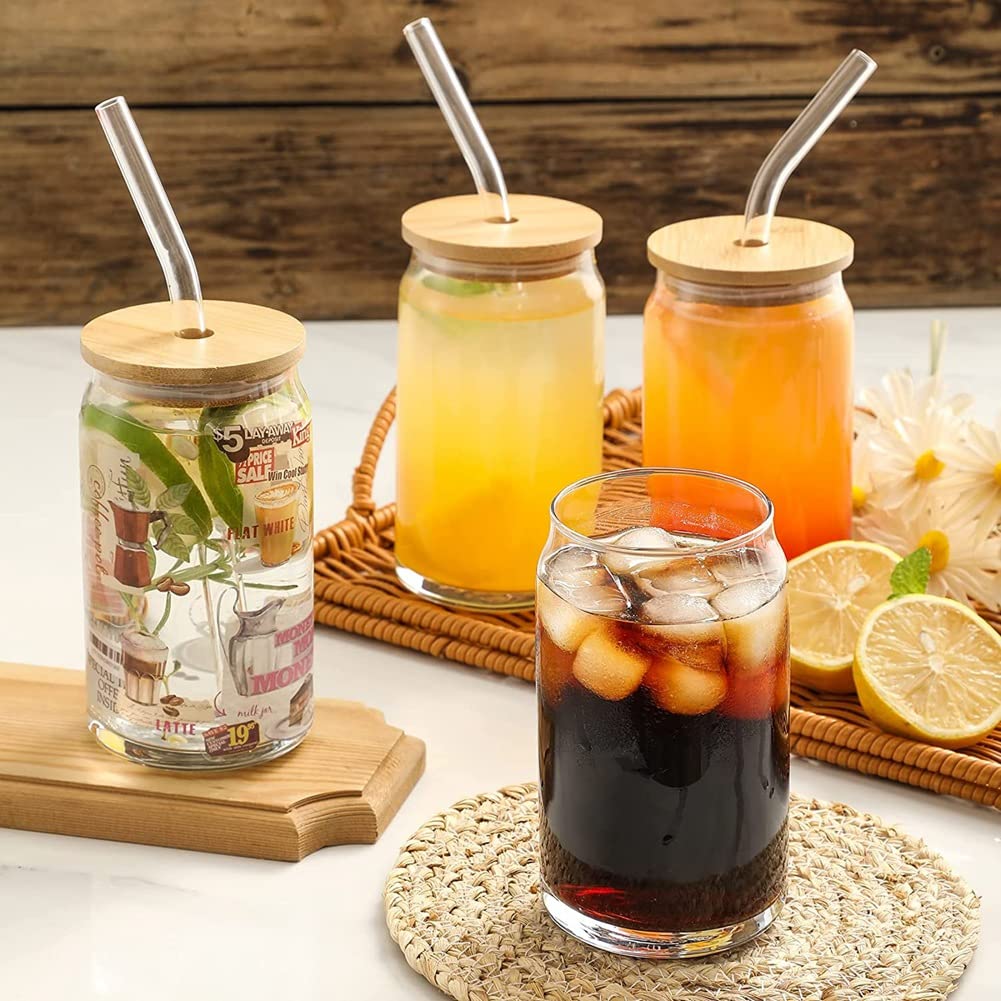 Juego de 6 vasos de cristal con tapas de bambú y pajita de cristal, vasos en forma de lata de cerveza, vasos de café helado de 16 onzas