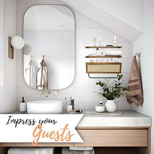 Miniatura 4 de Autumn Alley Estantes flotantes de ratán bohemio de 3 niveles con cesta de almacenamiento y toallero