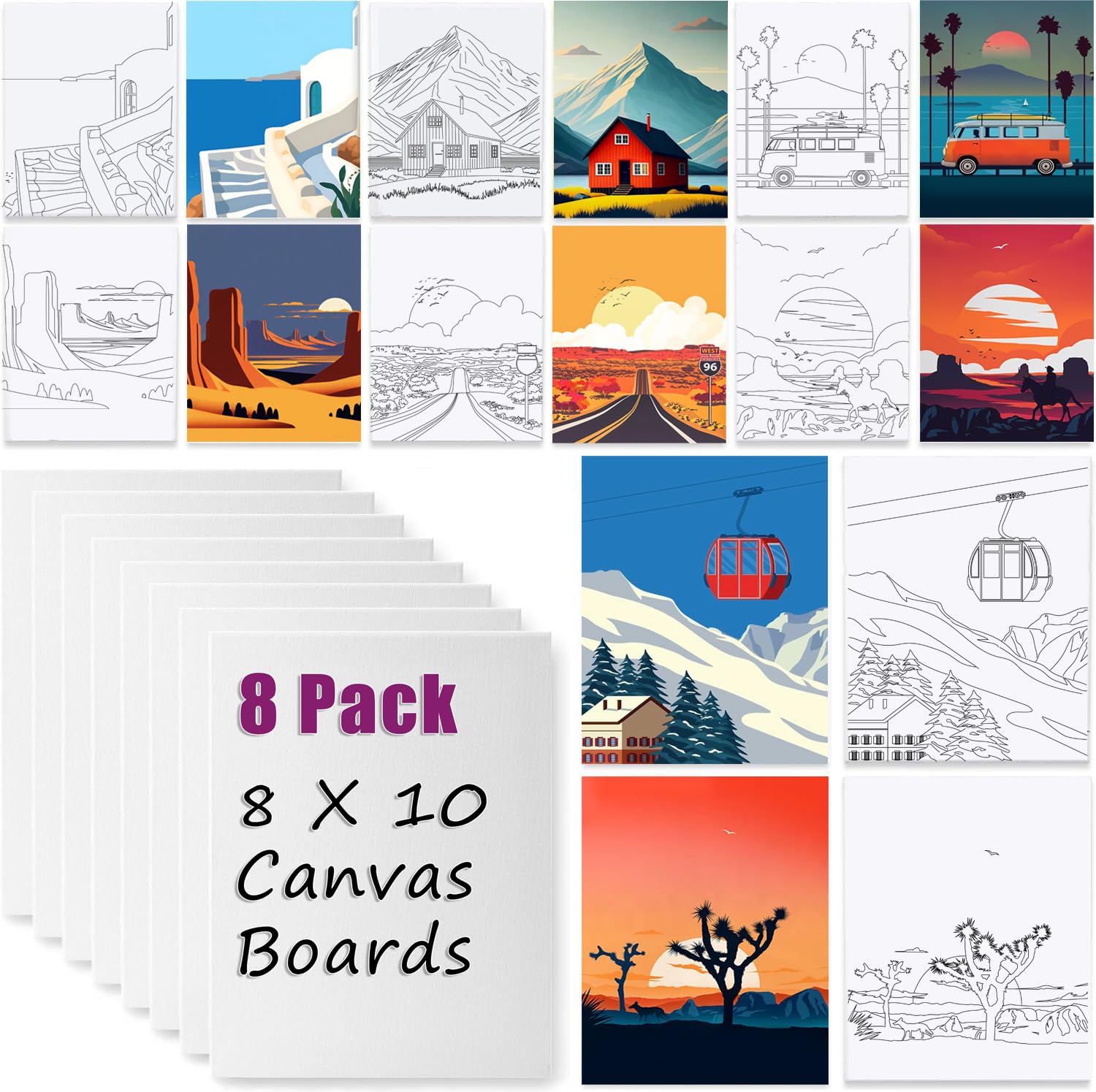 8 Pack (8x10) Pre Drawn Canvas Boards for Painting for Adults, Sip and Paint Party Supplies Canvas Painting Set, Beginner Favor, (Landscape)