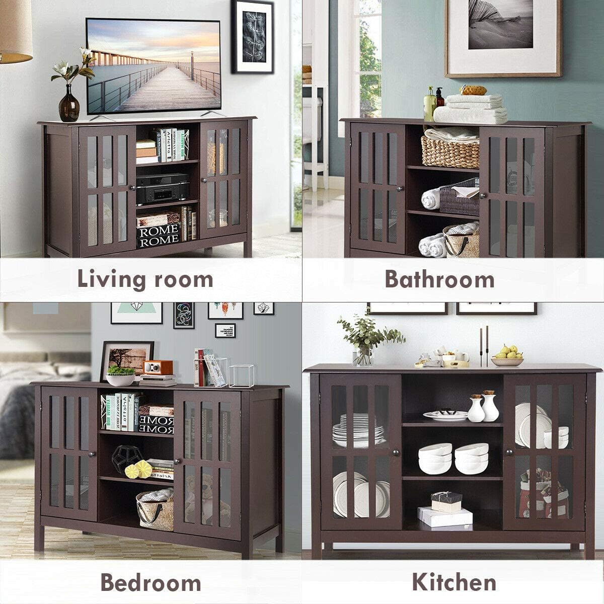 DORTALA Modern TV Stand up to 50 Inch TV, Tall TV Console Table w/ 2 Storage Cabinets & 3 Open Shelves, Wire Hole, Wood Entertainment Center for Living Room, Brown