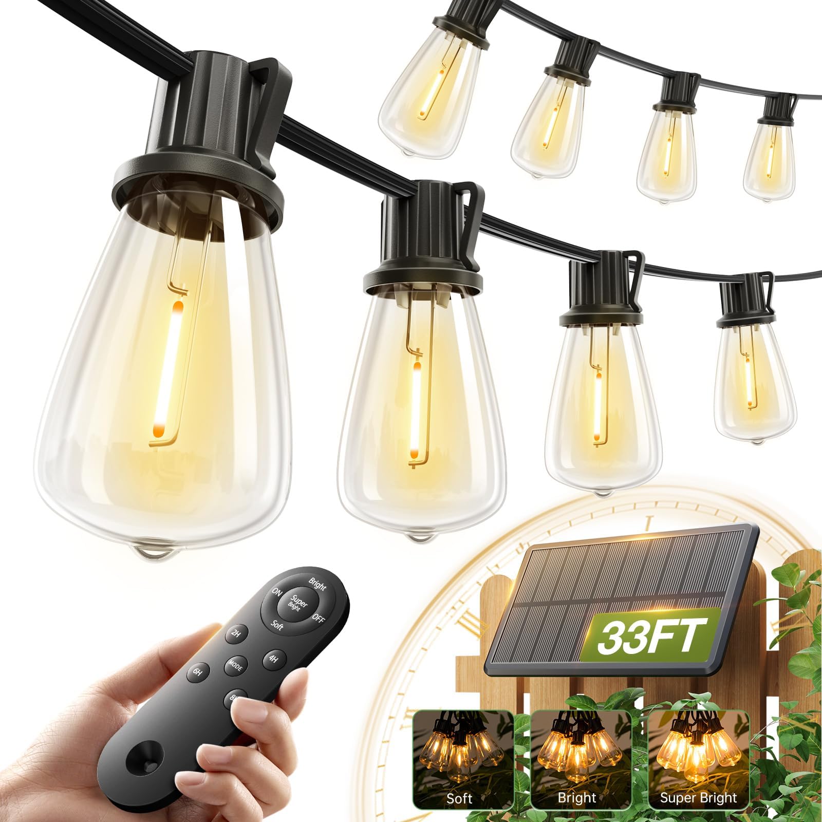addlon 33(27+6) FT Solar String Lights Waterproof,Patio Light Solar Powered with Remote& USB Port 9+1 LED Shatterproof Bulbs 3 Lighting Modes Outdoor for Camping Backyard Garden