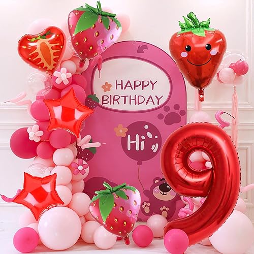 Miniatura 10 de 7 globos de fresa, globos de aluminio de tereftalato de polietileno con número de fresa, suministros para fiesta de cumpleaños de 8 años de fresa (8)