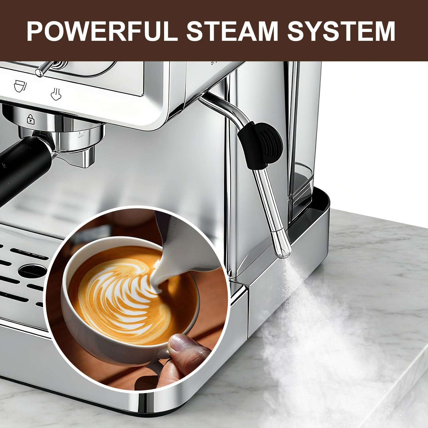 Milaroma Espresso machine 20 Bar, Espresso Maker with Powerful Steam Milk Frother, Stainless Steel Coffee Machine with Fast Heating System for Latte, Cappuccino view 3