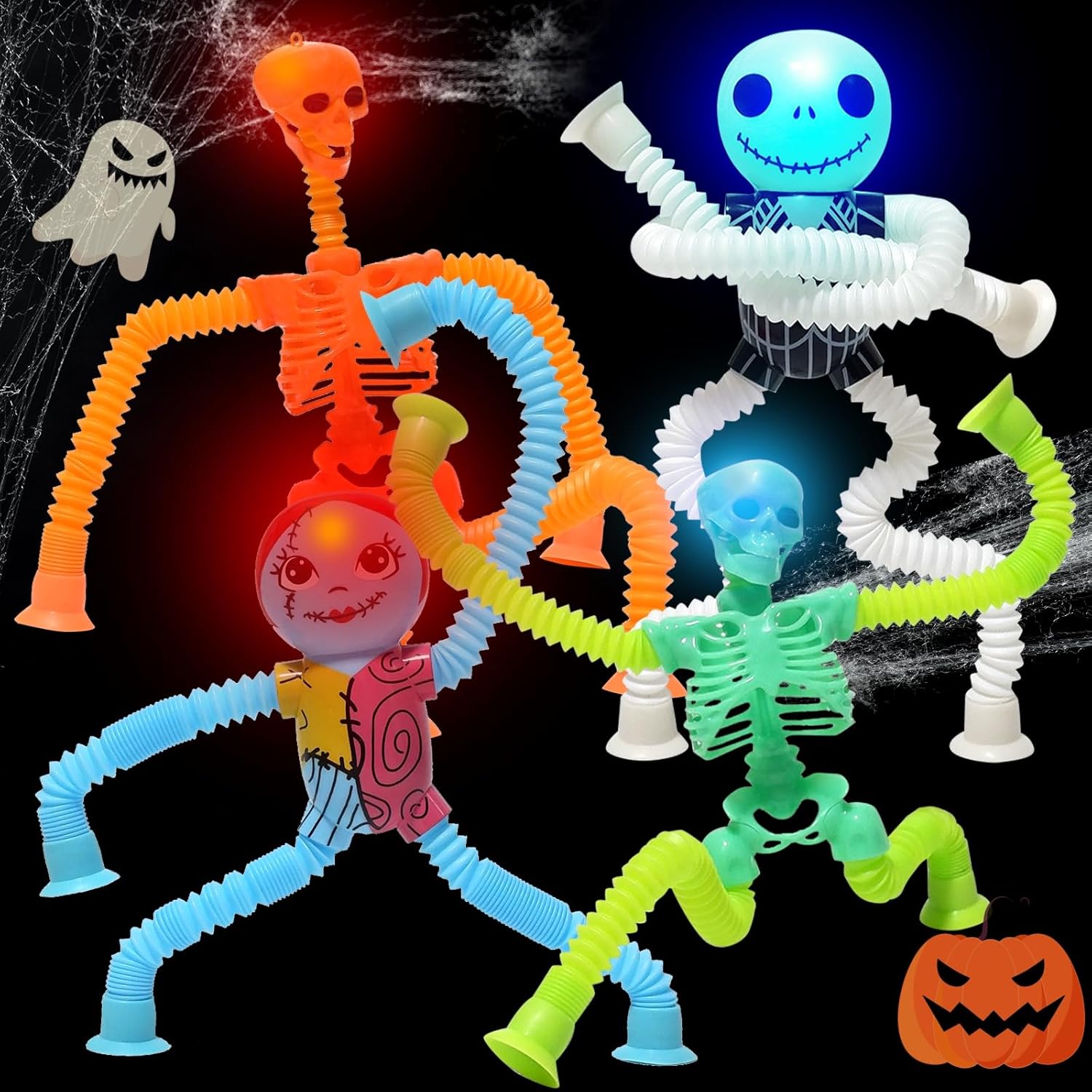 Halloween Skeleton Pop Tubes LED Light Up 4 Pcs, Halloween Sensory Fidget Toys, Telescopic Suction Cup Autism ADHD Halloween Party Favors Goodie Bags Basket Stuffers Trick or Treat Toys for Kids 6+