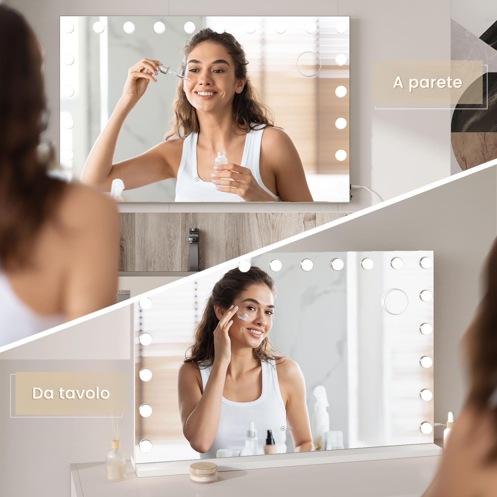 Moziel 90x60cm Specchio da Trucco Hollywood, Specchio Trucco con Luci a 20 Led Montato a Parete o sul Tavolo, 3 Colori di Luce e Funzione di Luminosità Regolabile