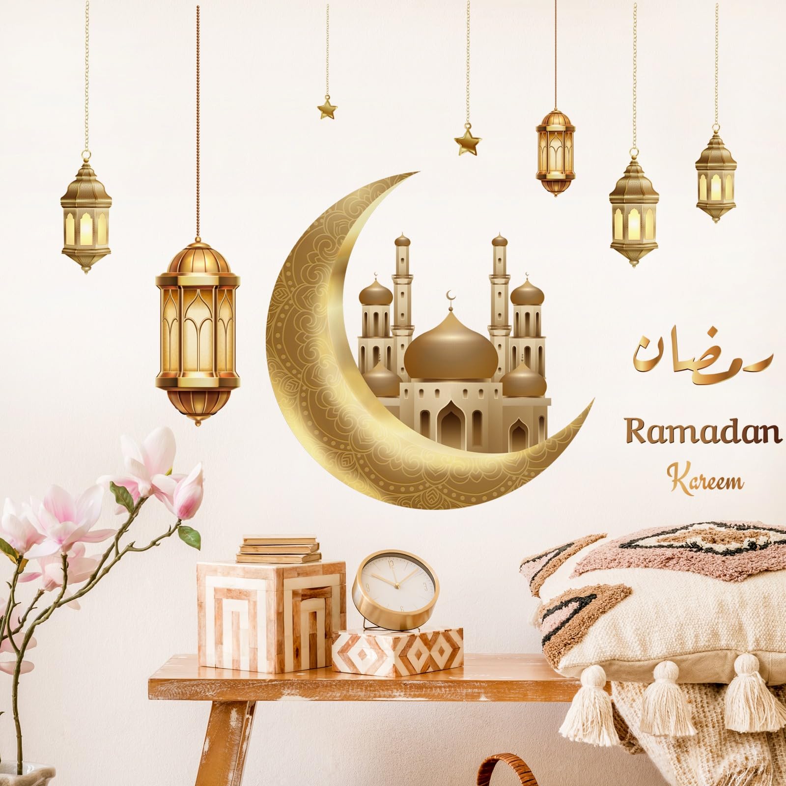 Ramadan Wall Stickers, Peel and Stick Ramadan Kareem Wall Decals for Home, Islamic Moon Lantern Wall Decor