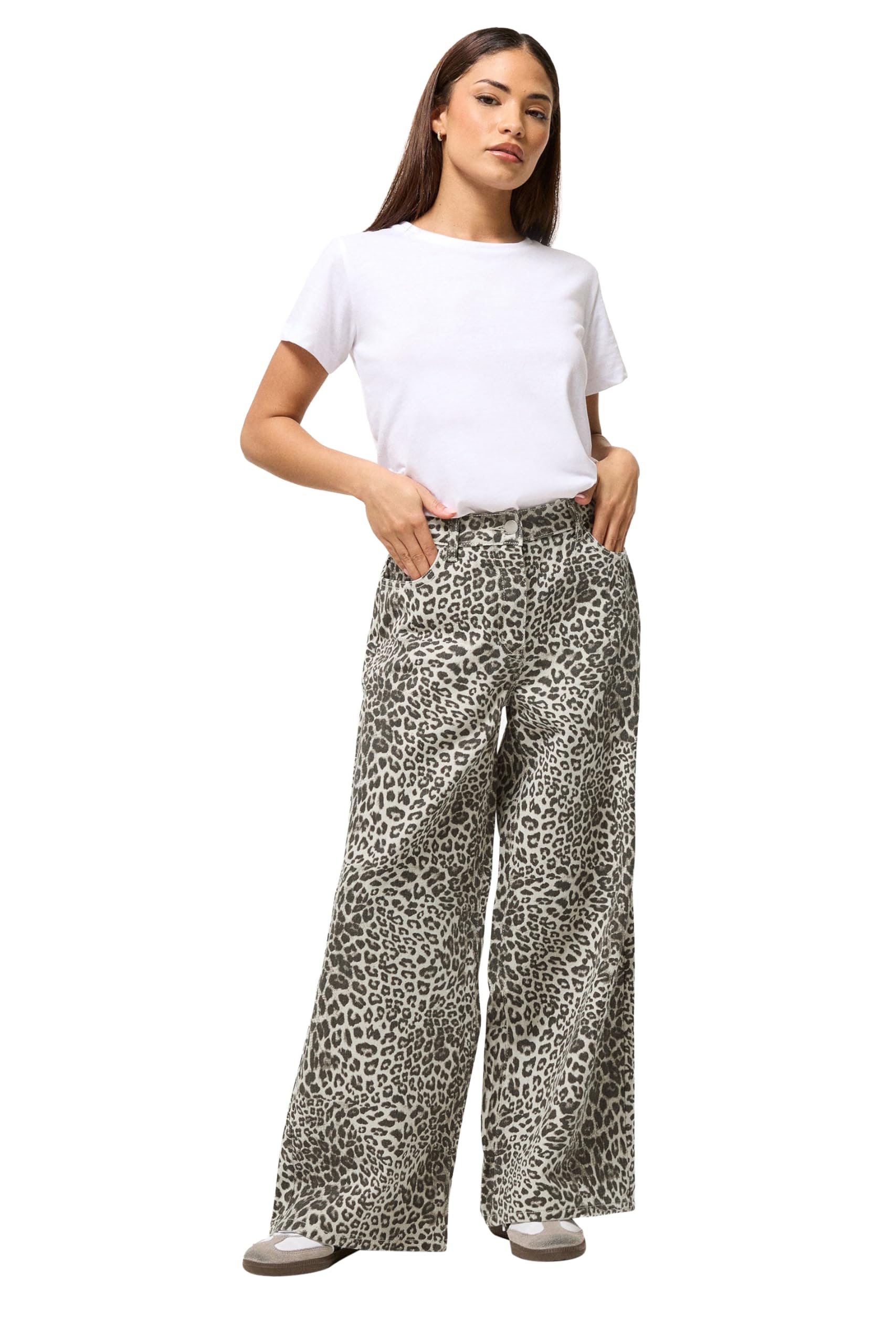 Pixiegirl Women's Light Brown Petite Leopard Print Wide Leg Jeans In | Size: 8S
