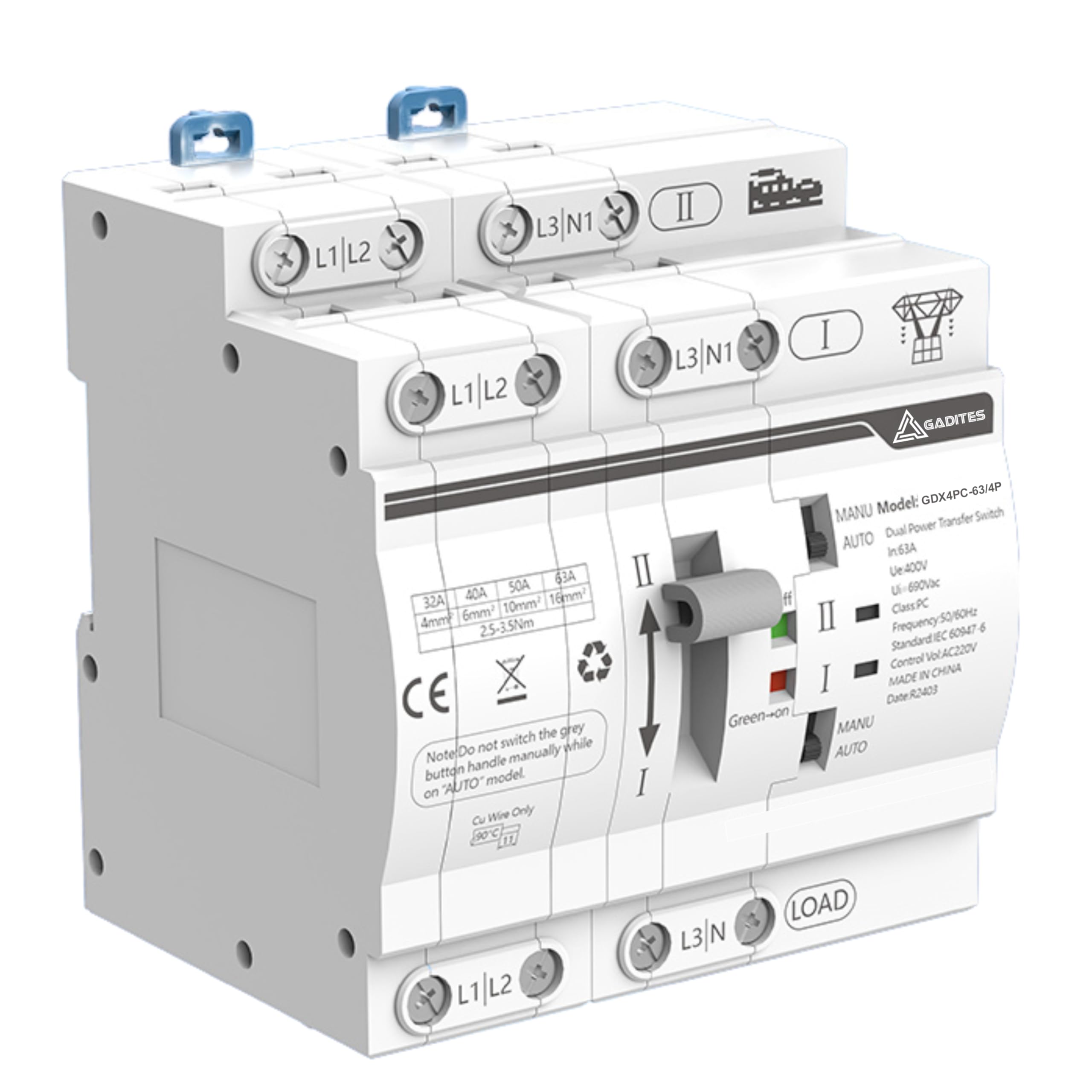 GADITES Latest Dual Power Automatic Control Transfer Switch 230VAC, 63A Changeover Switch With Dual Socure Auto/Manual Switch (3 PHASE CHANGE OVER)