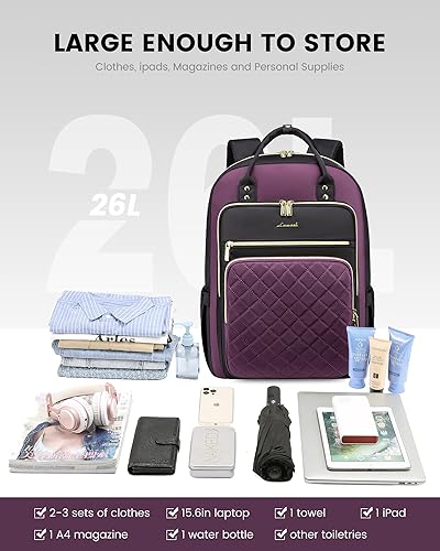 Miniatura 8 de LOVEVOOK Mochila para laptop para mujer, bolsa para laptop de 15.6 pulgadas para viajar con puerto USB, resistente al agua, ligera, para trabajo