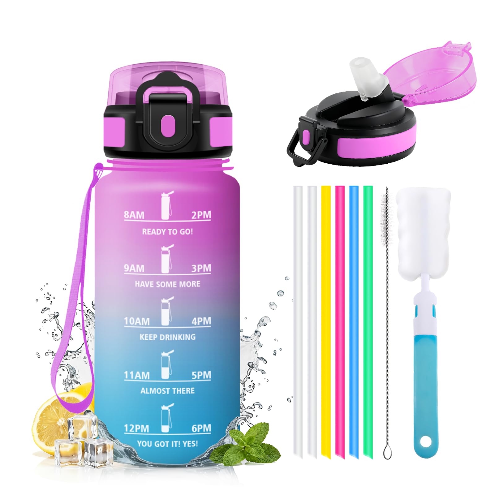 JAPORIA Sport Water Bottle 500ml Water Bottle with Straw Reusable Water Bottle with Time Markers Leak Proof for School, Office, Students, Office, Sports, Gym