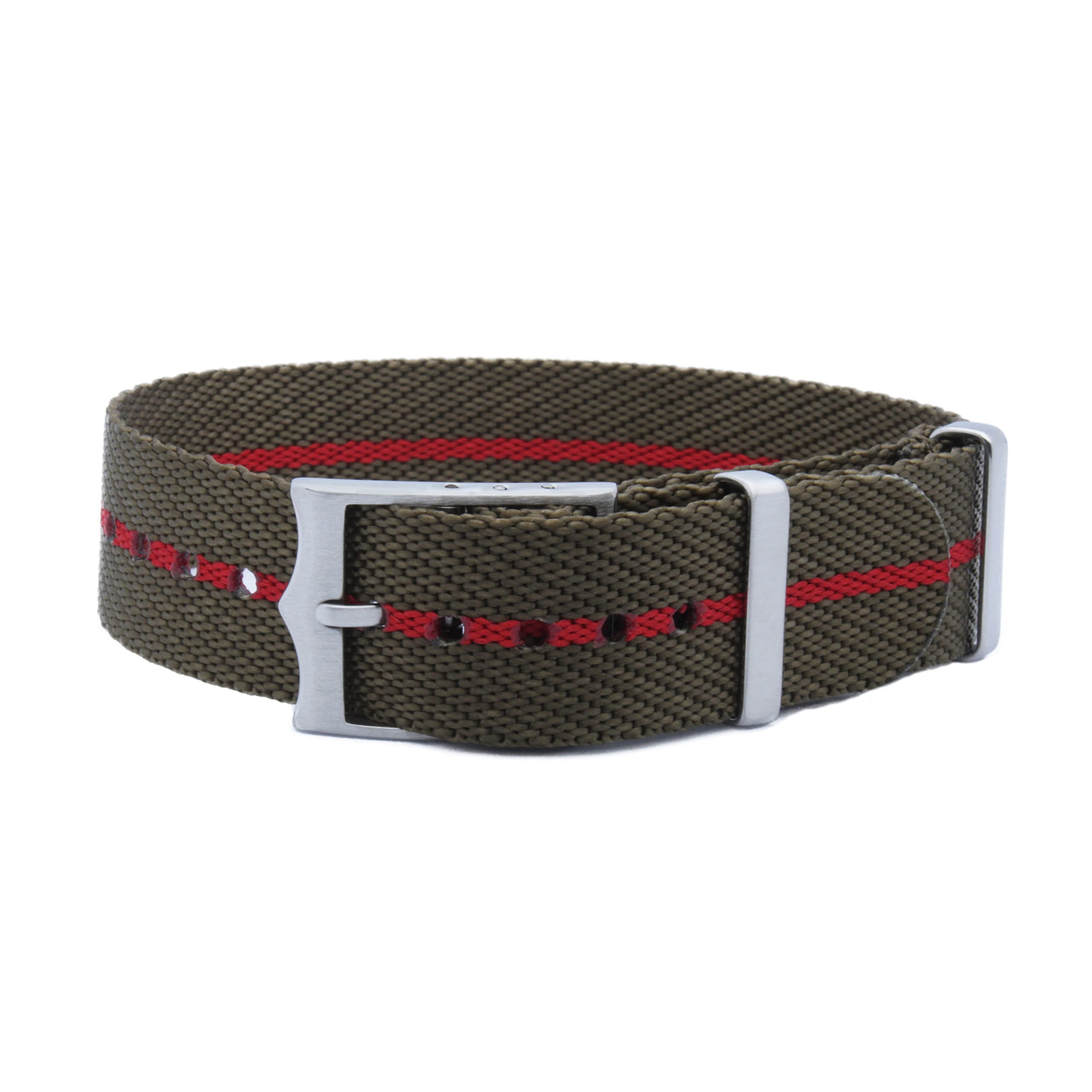 WAMDSingle Layer/Single Pass Nylon Fabric NATO Watch Straps/Bands with Crown Buckle - Choice of Colour & Width (Olive Green and Red, 22 mm)