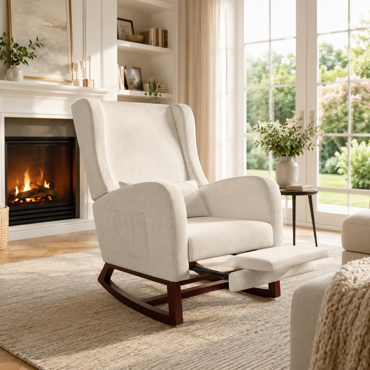 Silla mecedora con reposapiés, sillón oscilante con taburete, cómodo sillón de lactancia para amamantar, con base de madera, 2 bolsillos laterales, 1 cojín lumbar, para salón dormitorio, beige
