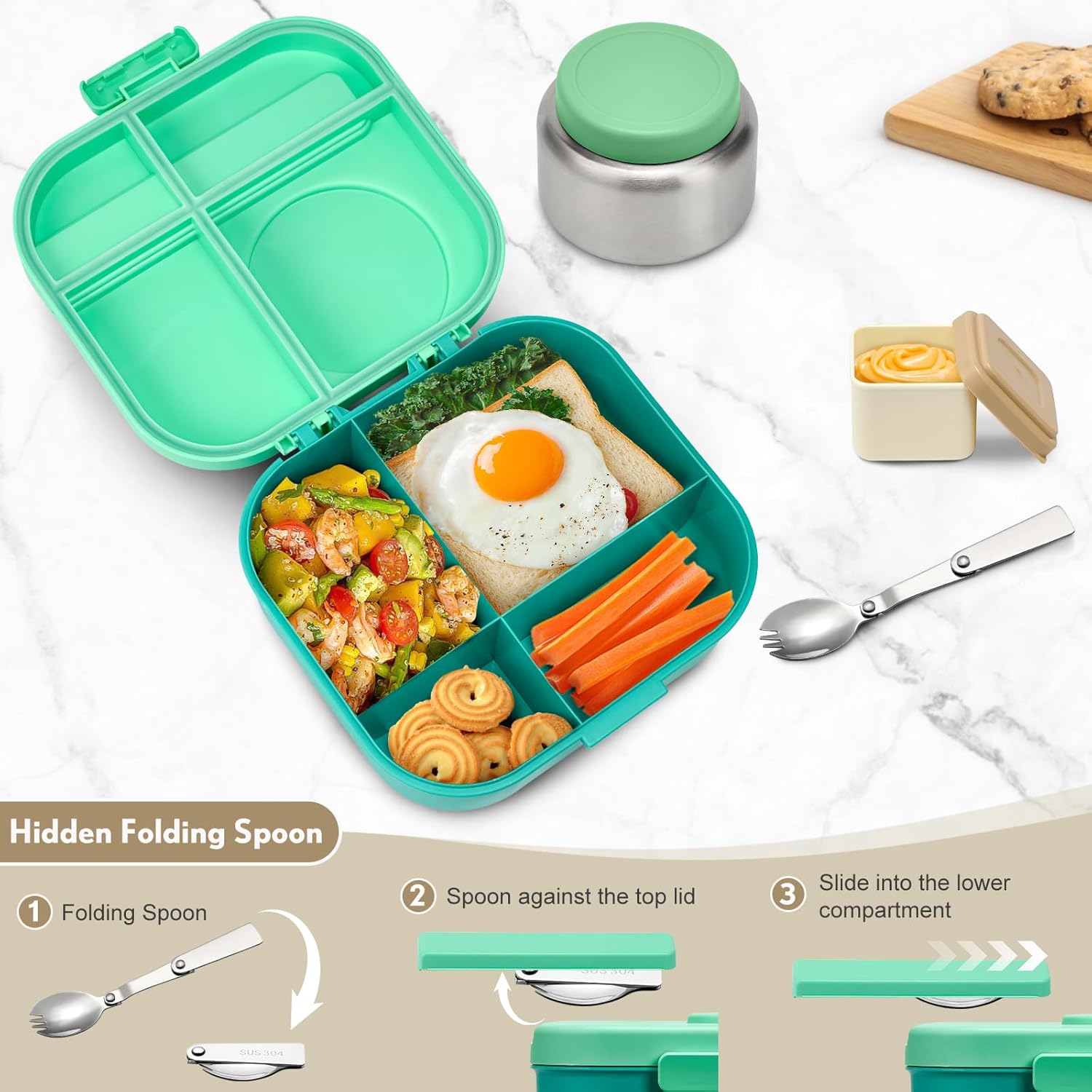 Bento Lunch Box with 12oz Soup Thermo,4 Compartments Lunch Box Containers, Spoon&Sauce Jar, BPA Free&Leak proof,Insulated Food Jar for Travel (Green) - Image 7