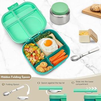 BOSEDSANG Bento Lunch Box with 12oz Soup Thermo,4 Compartments Lunch Box Containers, Spoon&Sauce Jar, BPA Free&Leak proof,Insulated Food Jar for Travel (Green)
