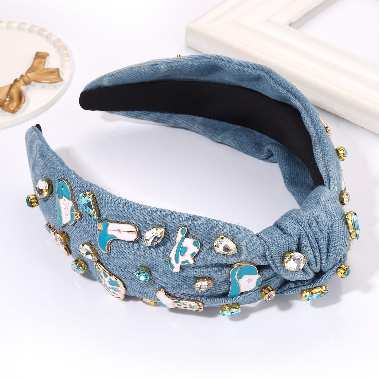 New Western Headband Cowgirl Headband Cowboy Boot Hat Stars Knotted Head Band Western Jeweled Knotted Headband - Brown Cowgirl boots Hat  main image 4