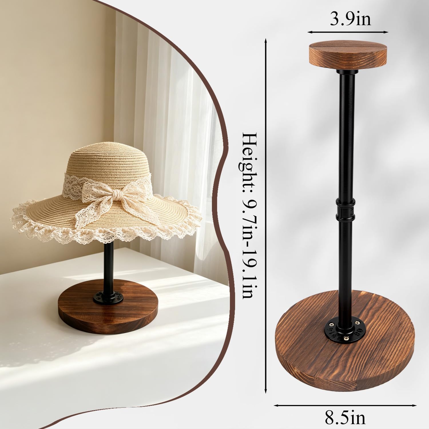 1 Pack Adjustable Height Hat Display Stand, Rustic Motorcycle Helmet Stand Wooden Tabletop Helmet Holder Rack for Cowboy Hat, Baseball Cap, Wig