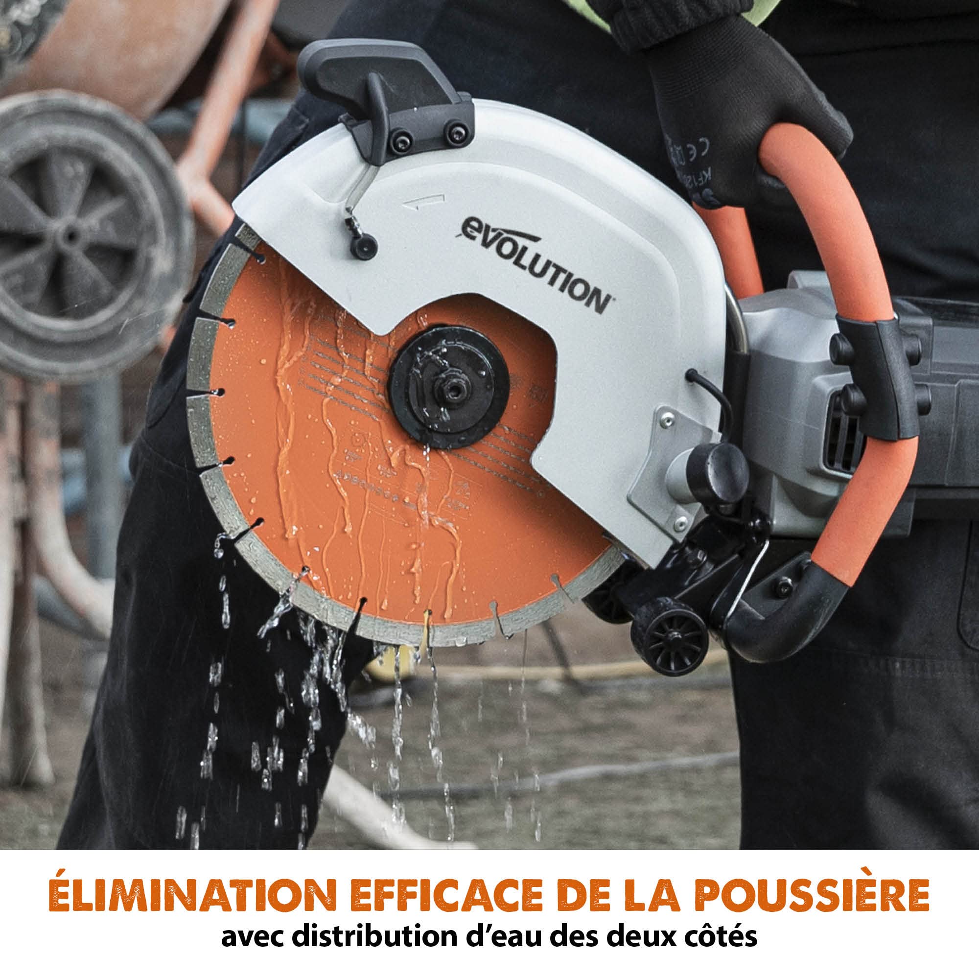Evolution Power Tools Scie à Béton Dépoussiérage à l'eau, Pour couper le Béton, Pierre, Brique - 2400W électrique, pas de Gaz, 115mm de Coupe, Lame Diamant Premium 300mm - R300DCT+