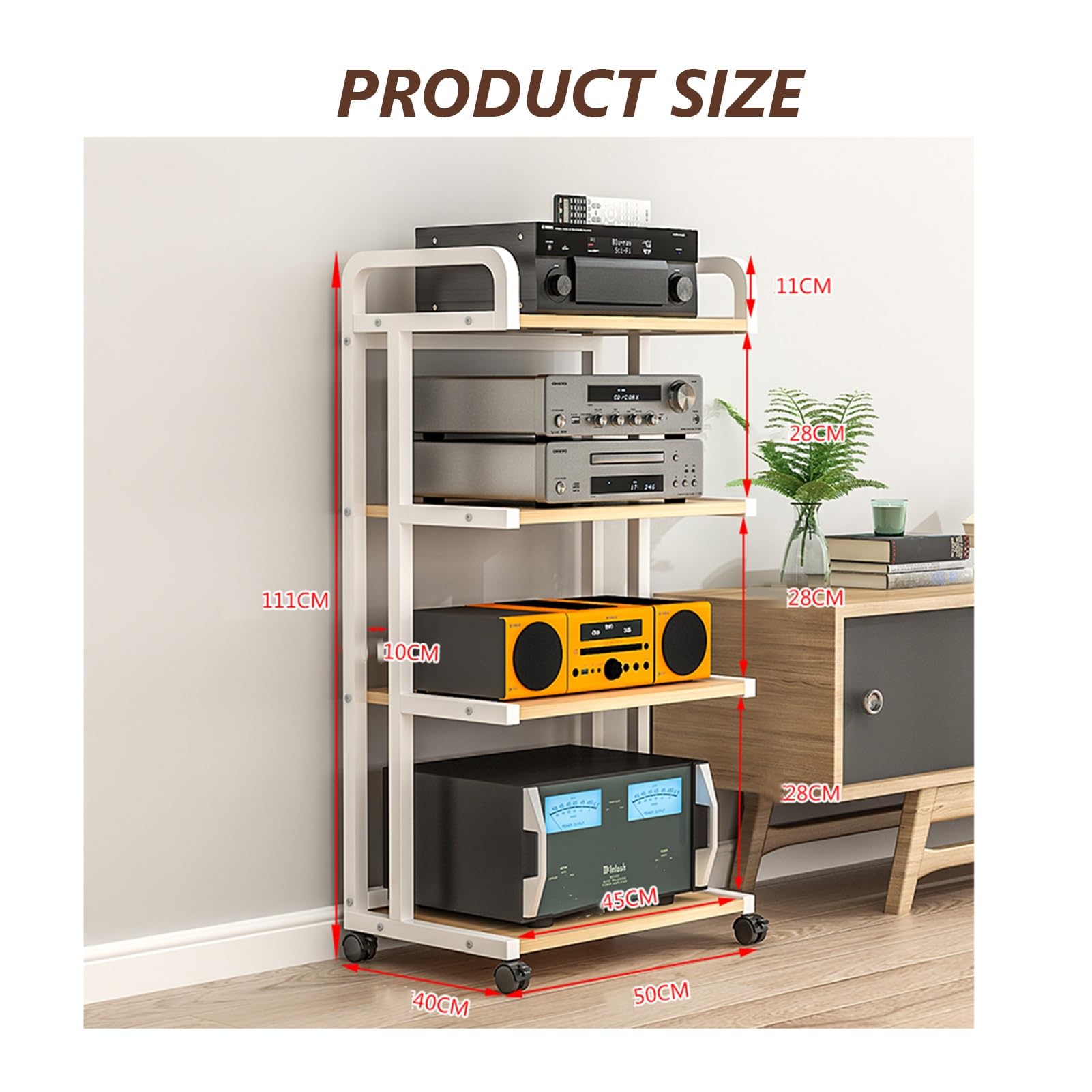 4-Poziomowa Szafka Na Sprzęt Audiowizualny, Stojak Na Odtwarzacz Stereo, Wieża Audio Do Salonu, Studia, Przechowywanie Komponentów Stereo, Biała, 50 X 40 X 111 Cm