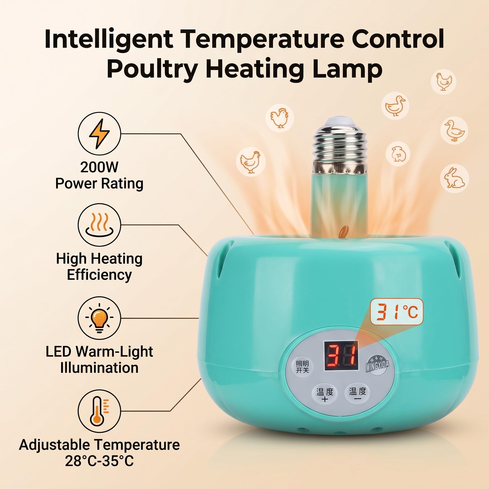 Lámpara de Calor para Ganado, 220V E27 Control Inteligente de Temperatura Calentador de Criadora de Pollitos Termostato de Cultivo Portátil para Reptiles Pato Perro