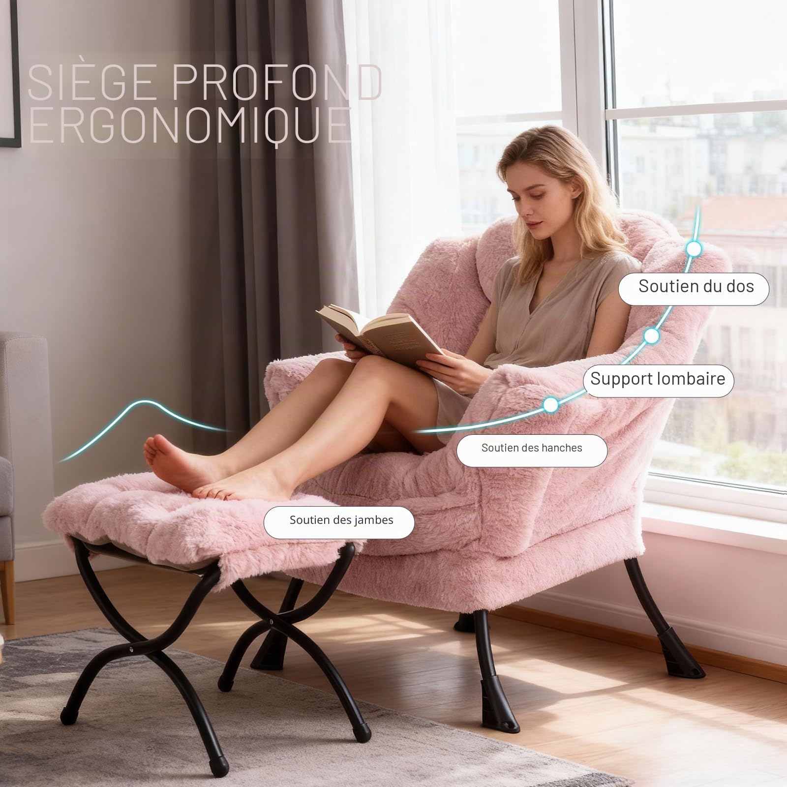 Lazy Chaise avec méridienne, chaise d'accentuation moderne, fauteuil de salon contemporain avec accoudoirs, chaise de lecture pour salon, chambre à coucher, bureau