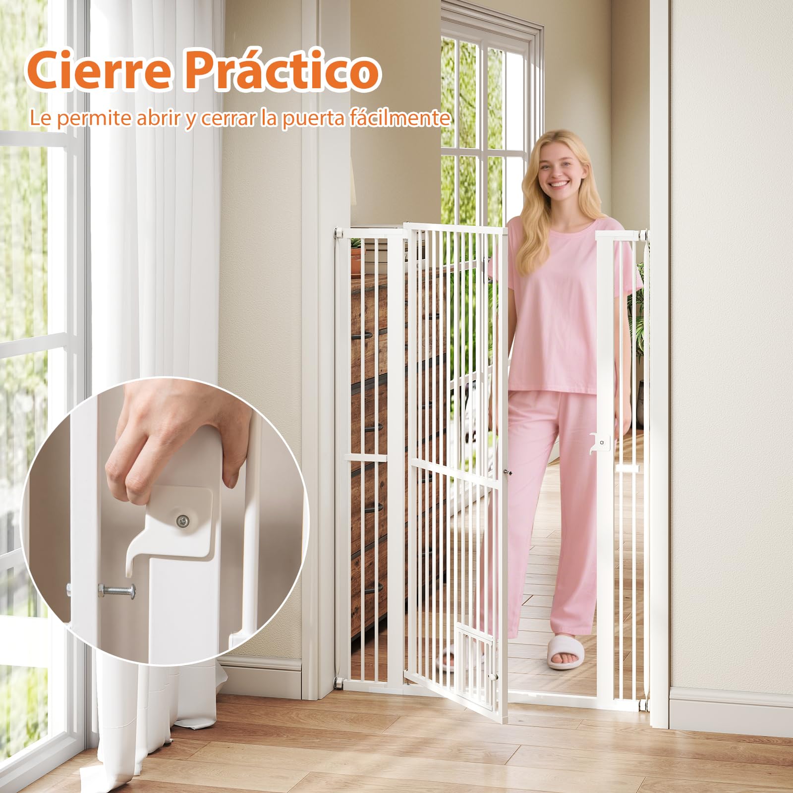 GOPLUS Barrera de Seguridad de Mascotas de Metal Ajustable, Puerta Extra Alta de 150 cm para Gatos con Ancho Ajustable de 77-104 cm, 2 Kits de Extensión, Diseño Bloqueable, Barrera para Perros