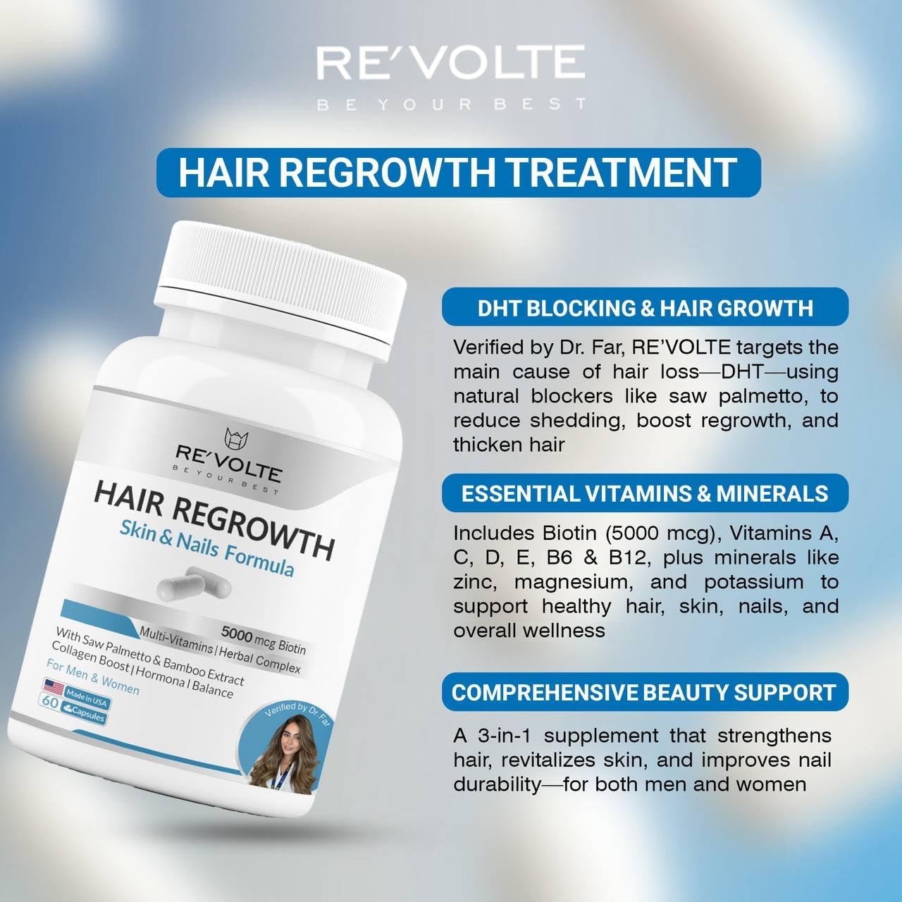 RE’Volte Hair Regrowth Treatment – Scientifically Formulated & Doctor Recommended – Powerful DHT Blocker for Hormonal Hair Loss – Skin, Hair & Nails Supplement – 661mg, 60 Capsules, 30-Day Supply