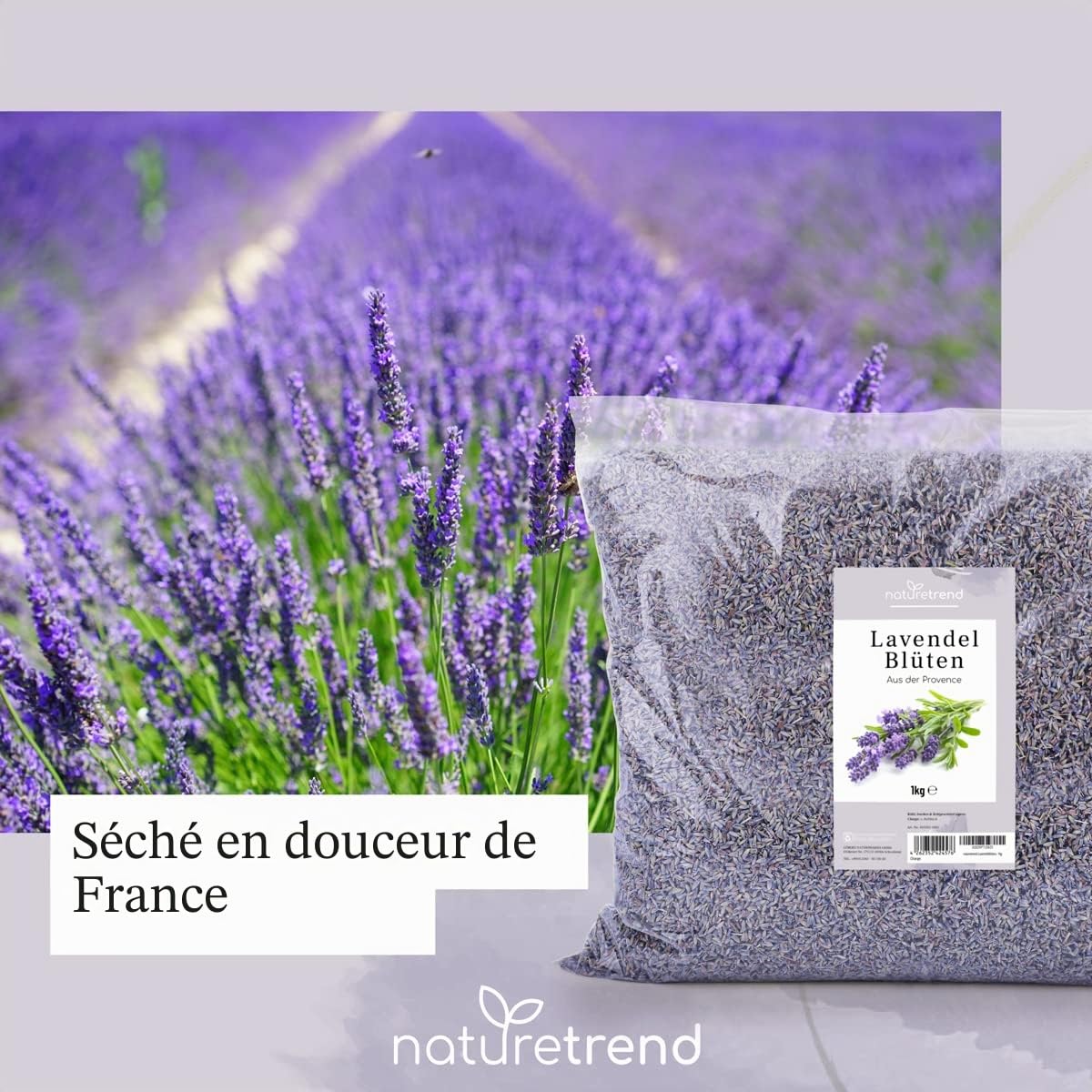 naturetrend Fleurs de Lavande séchées 1 kg – Lavande française de Provence I Dernière récolte I Parfum Intense et bleuâtre – pour Coussins parfumés, Pot-pourri