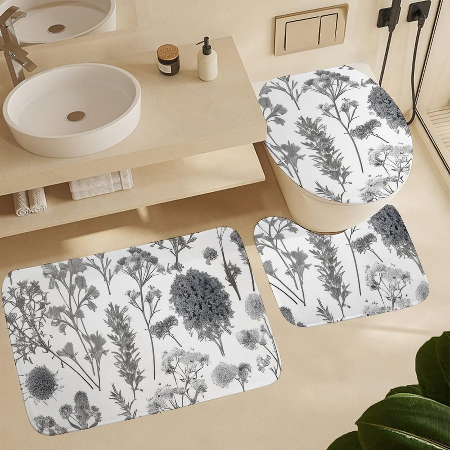 Flowering Herbs Shower Curtain Set 4 Piece, Non-Slip Bath Mat with Toilet Lid Cover and Waterproof Shower Curtain with 12 Hooks, Complete Bathroom Set for Home Decor