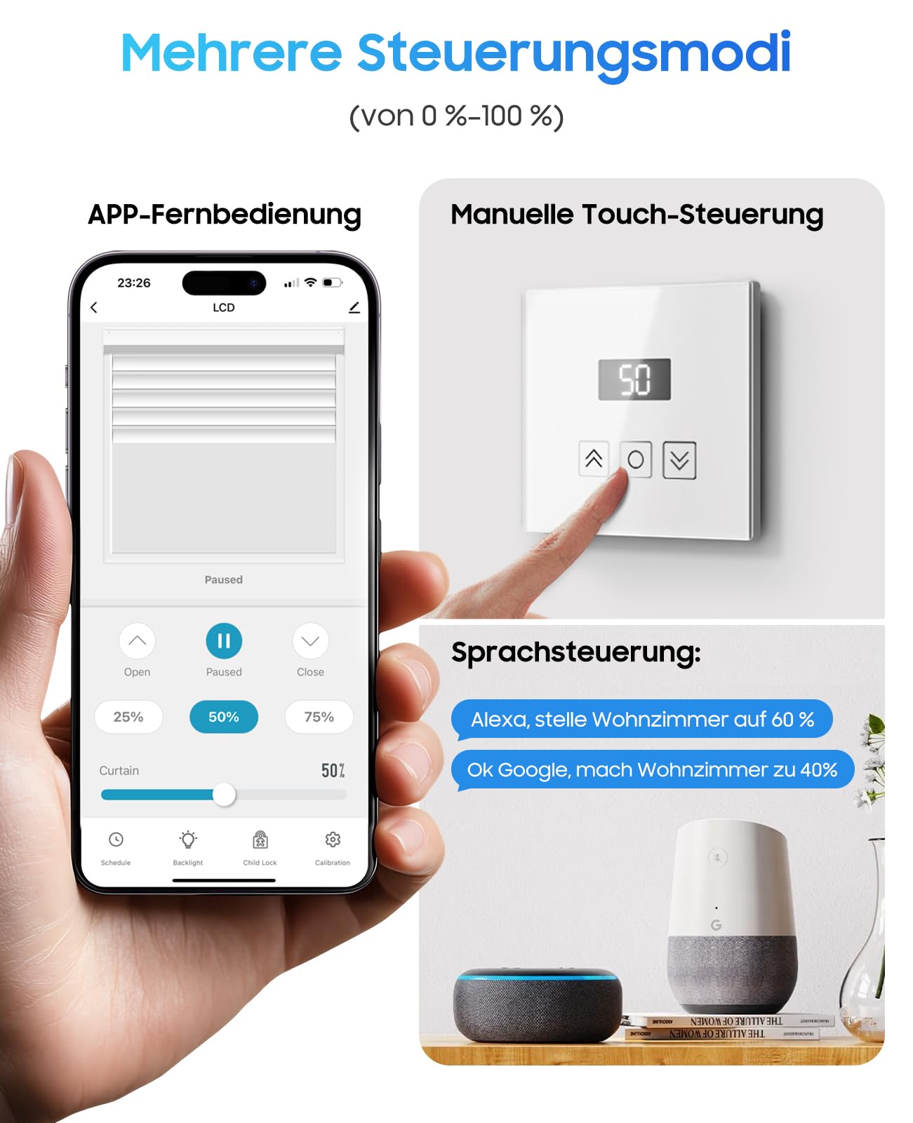 Smart Rolladenschalter mit Prozentanzeige, Wlan Jalousie Schalter mit LCD Bildschirm, Rolladensteuerung funktioniert mit Alexa/Google Assistant/Siri, Benötigt Nullleiter 80x 80mm