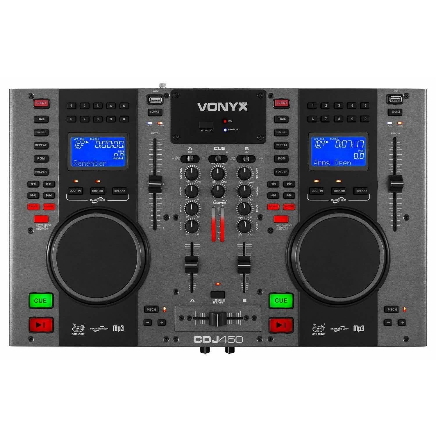 Vonyx CDJ450 - Double Lecteur CD/MP3/USB/Mixeur avec Bluetooth, 2 Canaux, Fonctionnalité Auto-Cue, Molettes Intégrées, Sorties Master et Record, Parfait pour DJ Amateurs ou Professionnels
