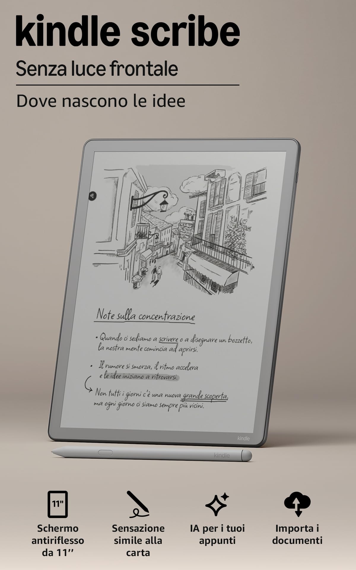 Amazon Kindle Scribe 16 GB senza luce frontale (ultimo modello) — Schermo da 11’’, effetto carta stampata — Più sottile, leggero e veloce — Scrivi nel taccuino integrato, nei documenti e nei libri