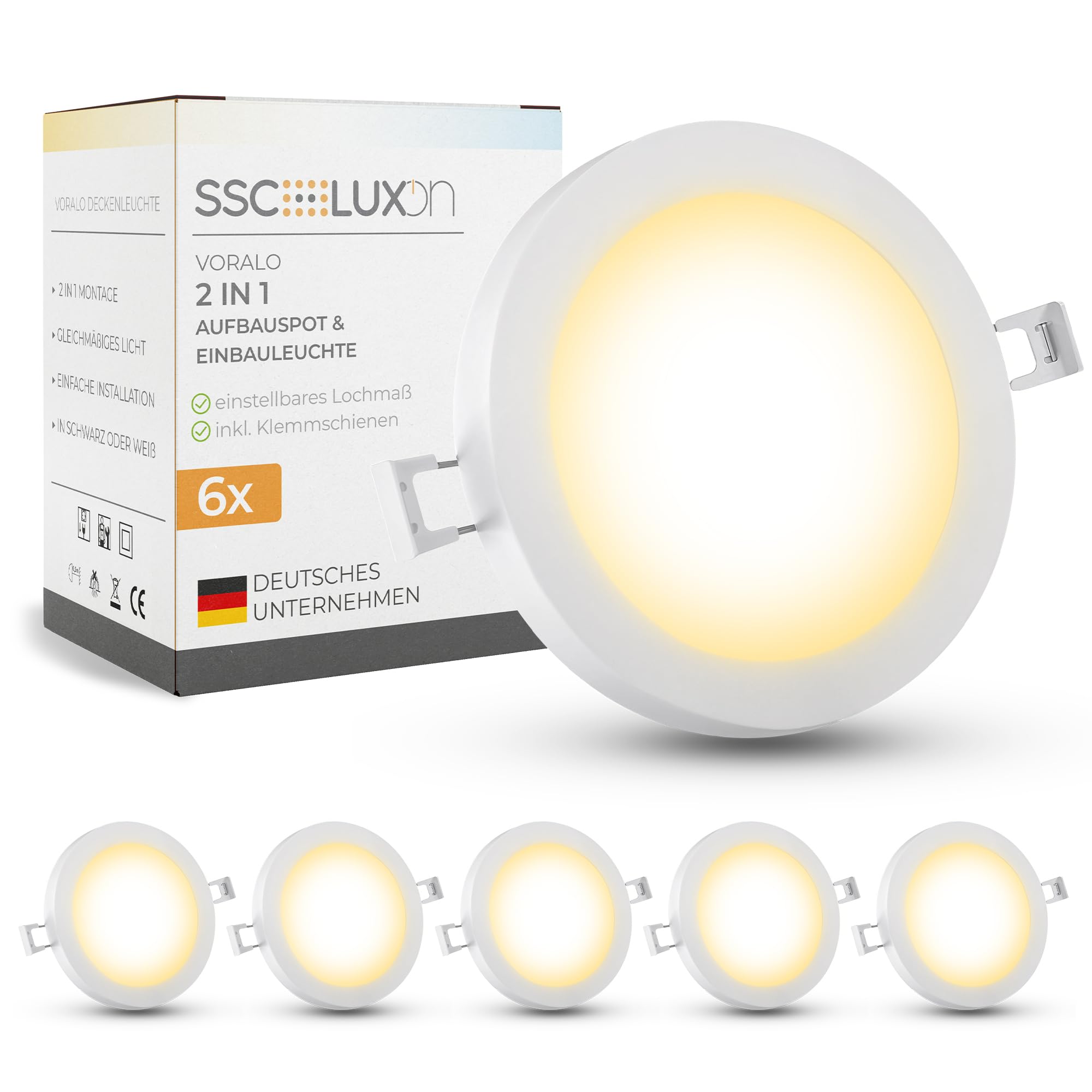 SSC-LUXon 6er Pack VORALO 2in1 flache Deckenlampe Einbau & Aufbau LED warmweiß - Ø 14cm Einbauleuchte/Aufbauleuchte Spotlight