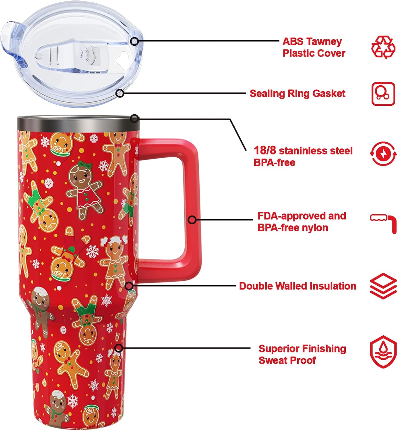 Christmas Gingerbread 40 oz Tumbler with Lid Handle and Straw Merry Christmas Stainless Steel Double Walled Insulated Cup Winter Holiday Xmas Travel Mug Gifts for Men and Women (1PC) - Image 5