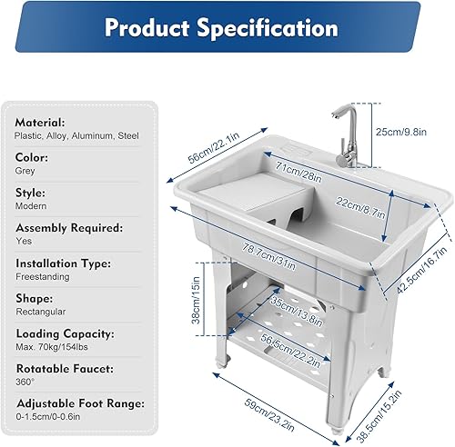 Miniatura 6 de Fregadero de plástico independiente con tabla de lavadero, fregadero de utilidad gris con grifo calientefrío para garaje, jardín y lavandería