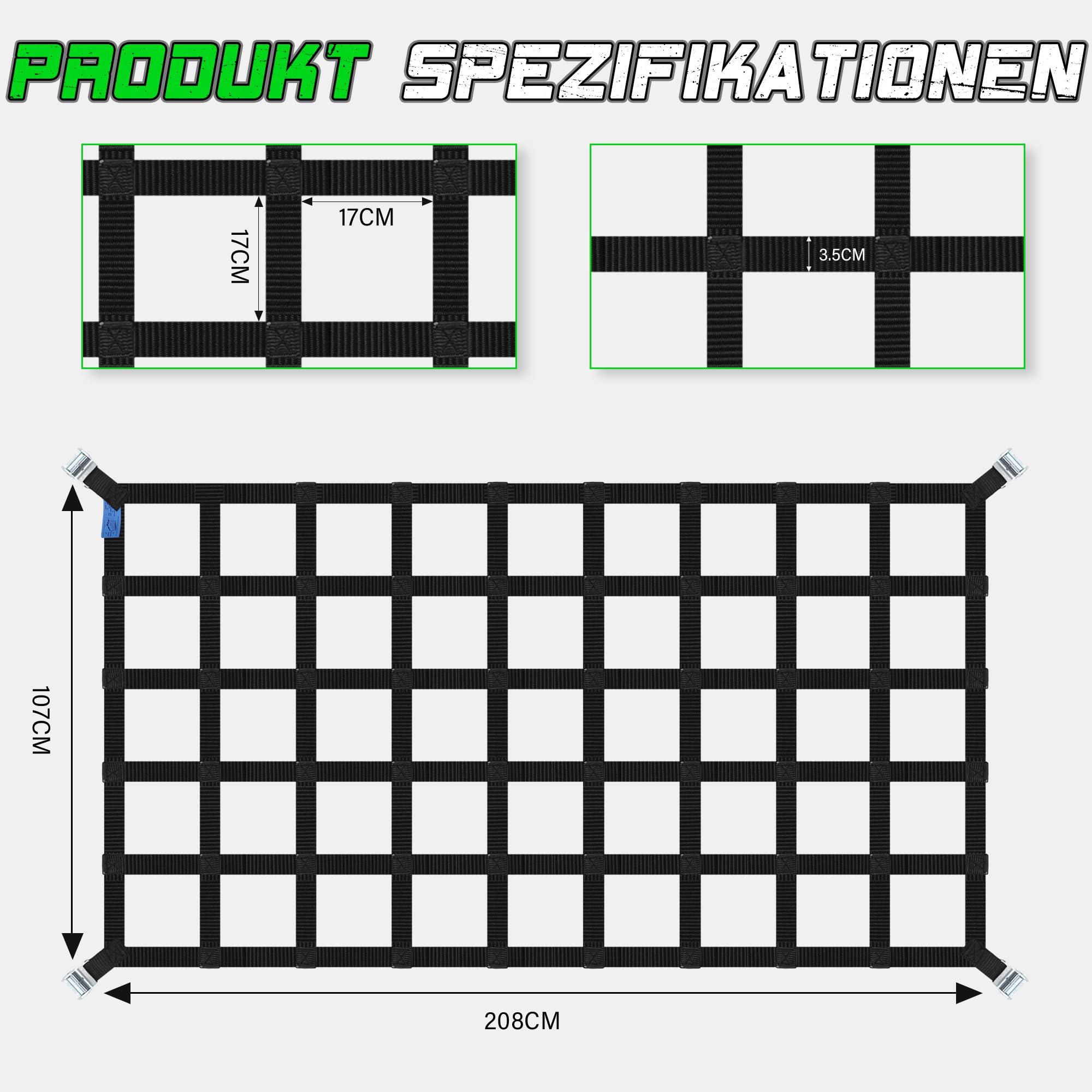 STARLEAPARTS Red de equipaje para camioneta, compartimento de carga, red para remolque, ajustable, red de carga, organizador, 208 cm x 127 cm, red de seguridad de carga, malla 17 x 17 cm, BS:700 kg