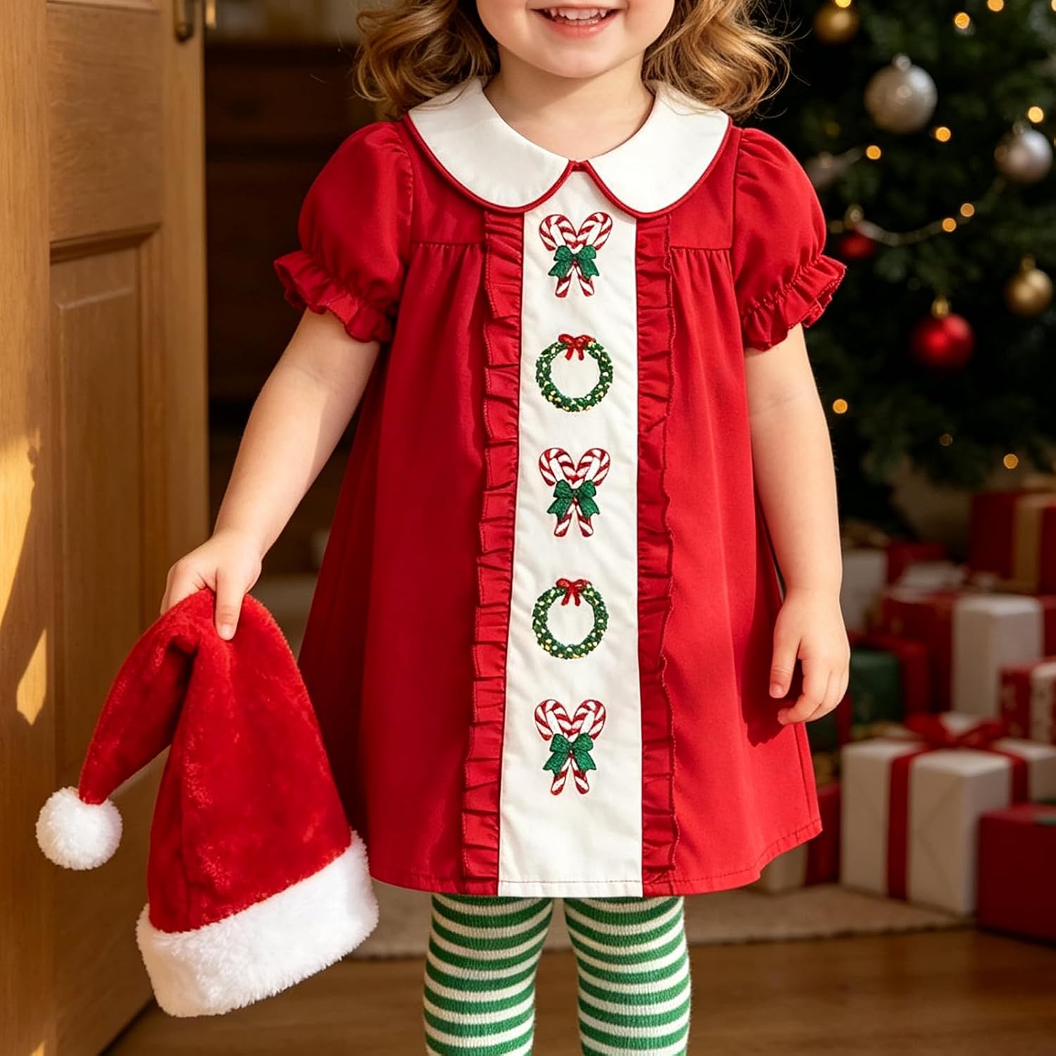 Toddler Girl Christmas Candy Cane Embroidery Short Sleeve Dress
