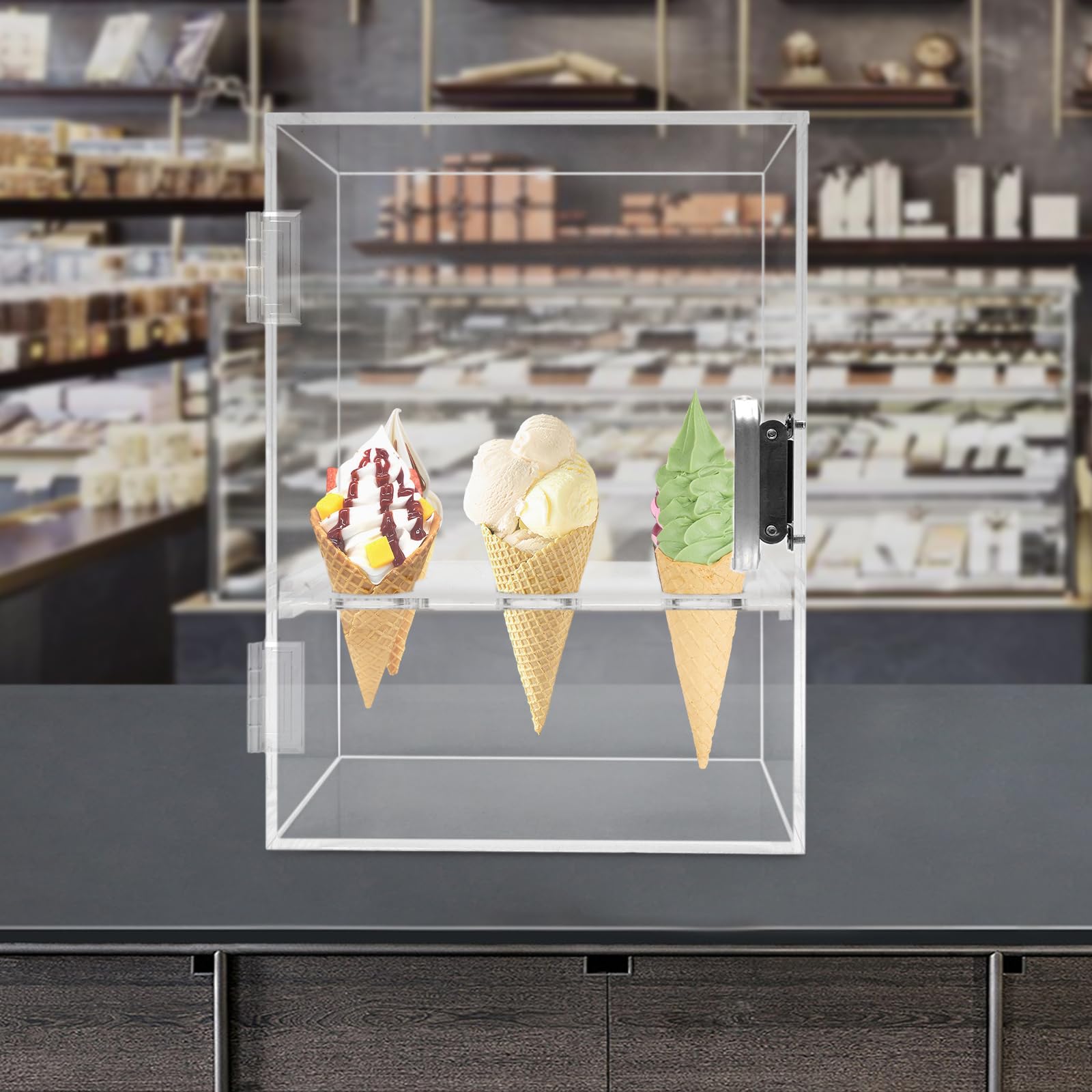 Pxolerig 9-hole Ice Cream Cone Holder Stand,Clear Acrylic Ice Cream Cone Holder Transparent Waffle Hand Roll Sushi Display Cabinet, Ice Cream Display, open (non-secretive)