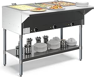 KoolMore 3-Pan Open Well Commercial Electric Stainless Steel Steam Table Food Warmer for Buffets with Undershelf, Warming Control Knobs, and Front Serving Area [120V] (KM-OWS-3), Silver