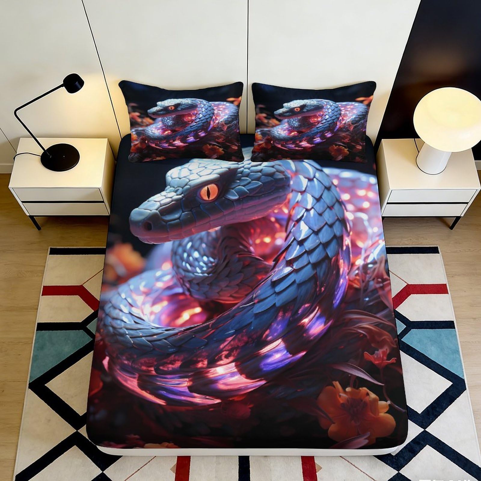 3D Printed Mystic Snake Fitted Sheet Microfiber Deep Pocket Non-Slip Snake Mattress Fitted Cover Washable for Bedroom 140x200x25cm