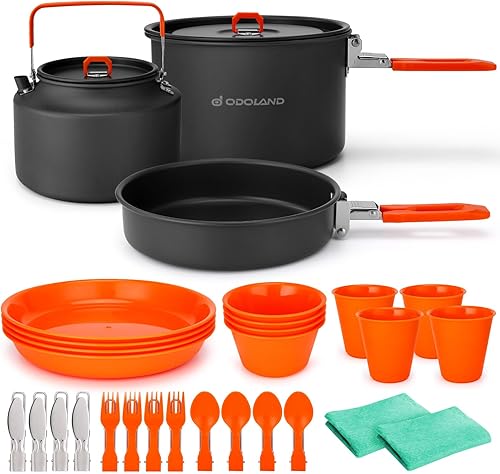 Odoland Kit de 30 utensilios de cocina para camping, ollas ligeras antiadherentes, cuencos, tazas, platos, tenedores, cuchillos, cucharas para