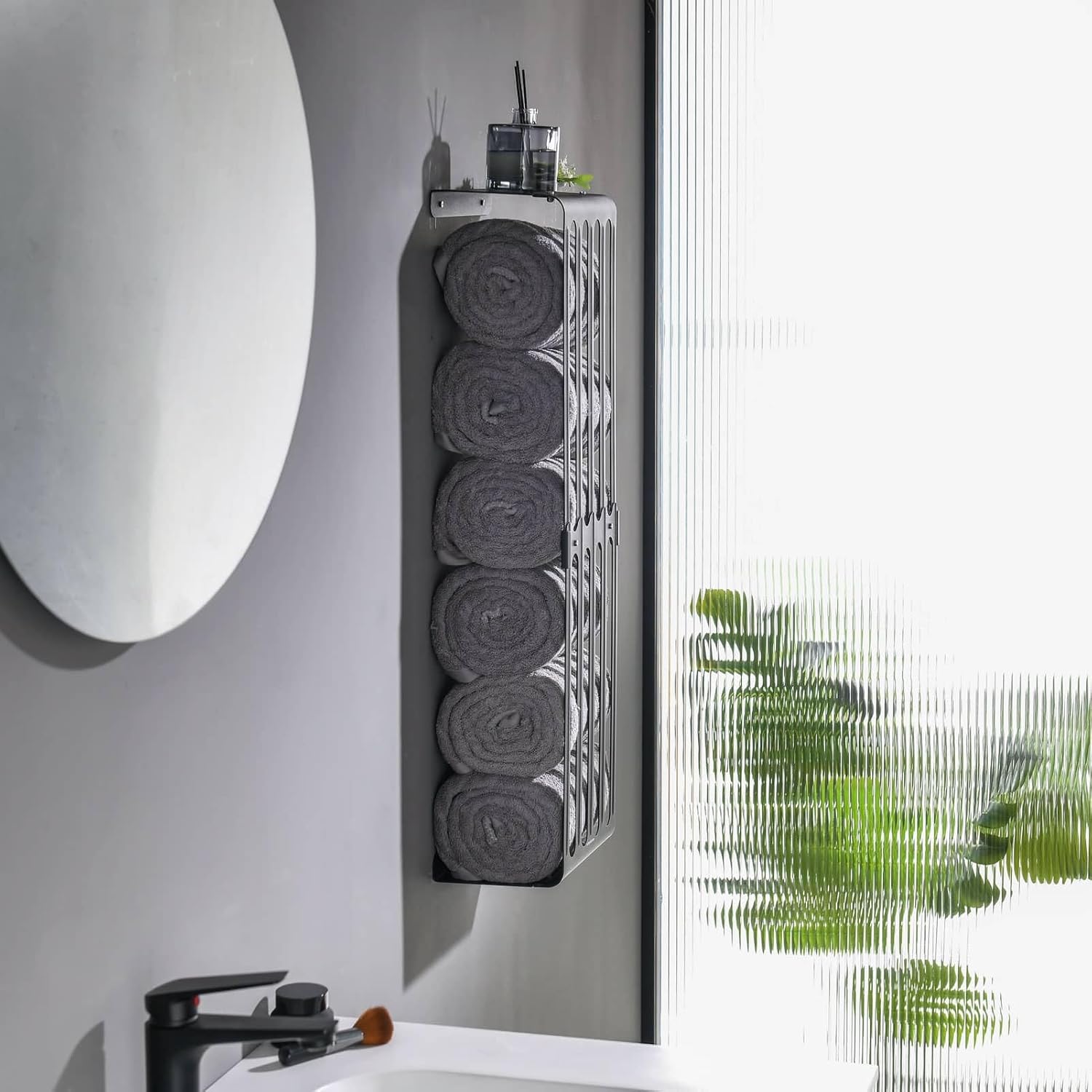 simpletome Towel Storage Rack Adjustable Height Wall Mount Bathroom Shelf Organizer Carbon Steel (Matte Black)