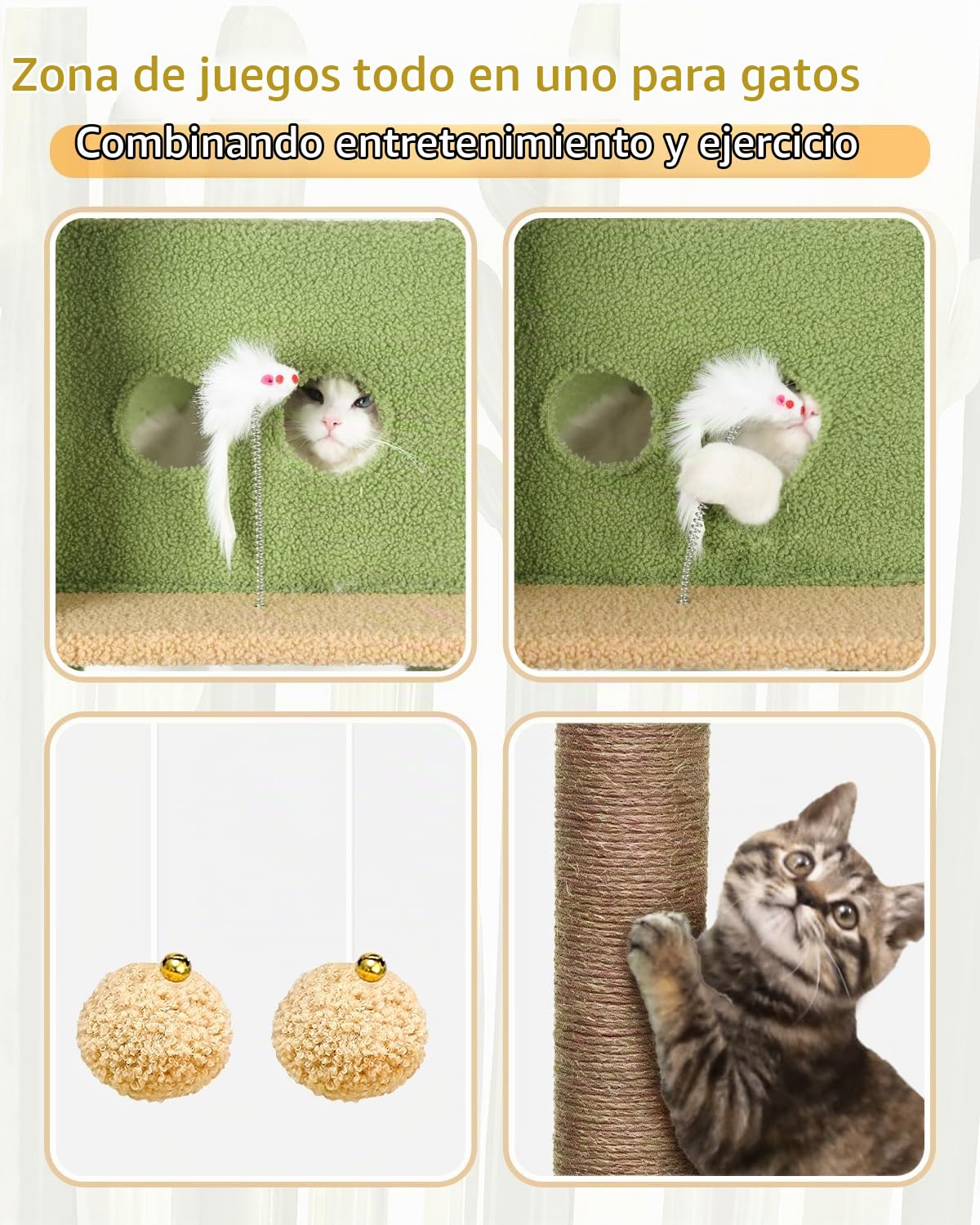 Globlazer Árbol Rascador Cactus Verde para Gatos XXL 204 cm Alto con 2 Grande Nidos 50*30*30CM, 2 Acolchada Plataforma, Hamaca, Cesta, Juguetes, Estable Rascador para 3-5 Gatos Adultos (S80B, Verde)
