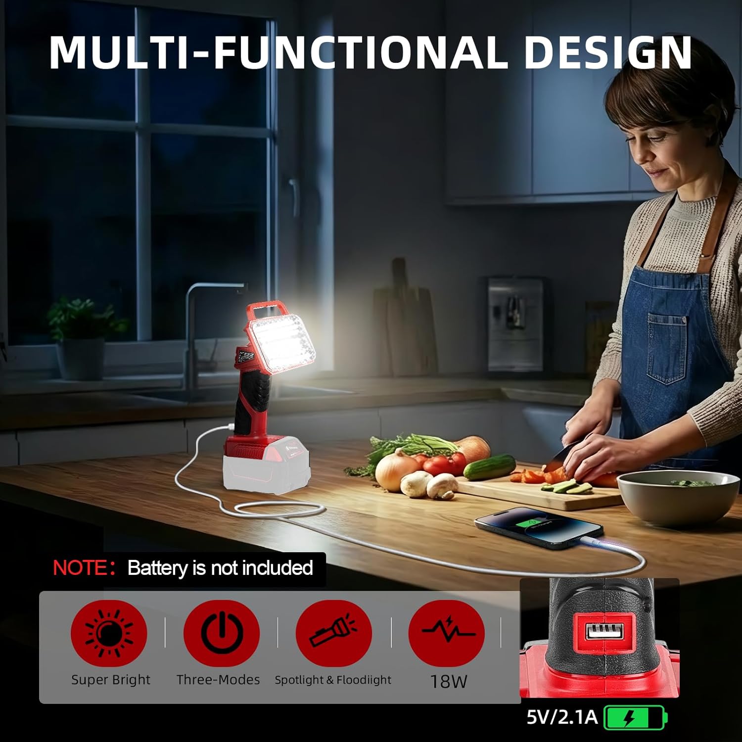Cordless LED Work Light for Milwaukee 18V Battery, 2000LM Portable Handheld Flashlights Tool with USB Port and 3 Brightness Modes for Camping, Fishing, Job Site, Indoor & Outdoor Use