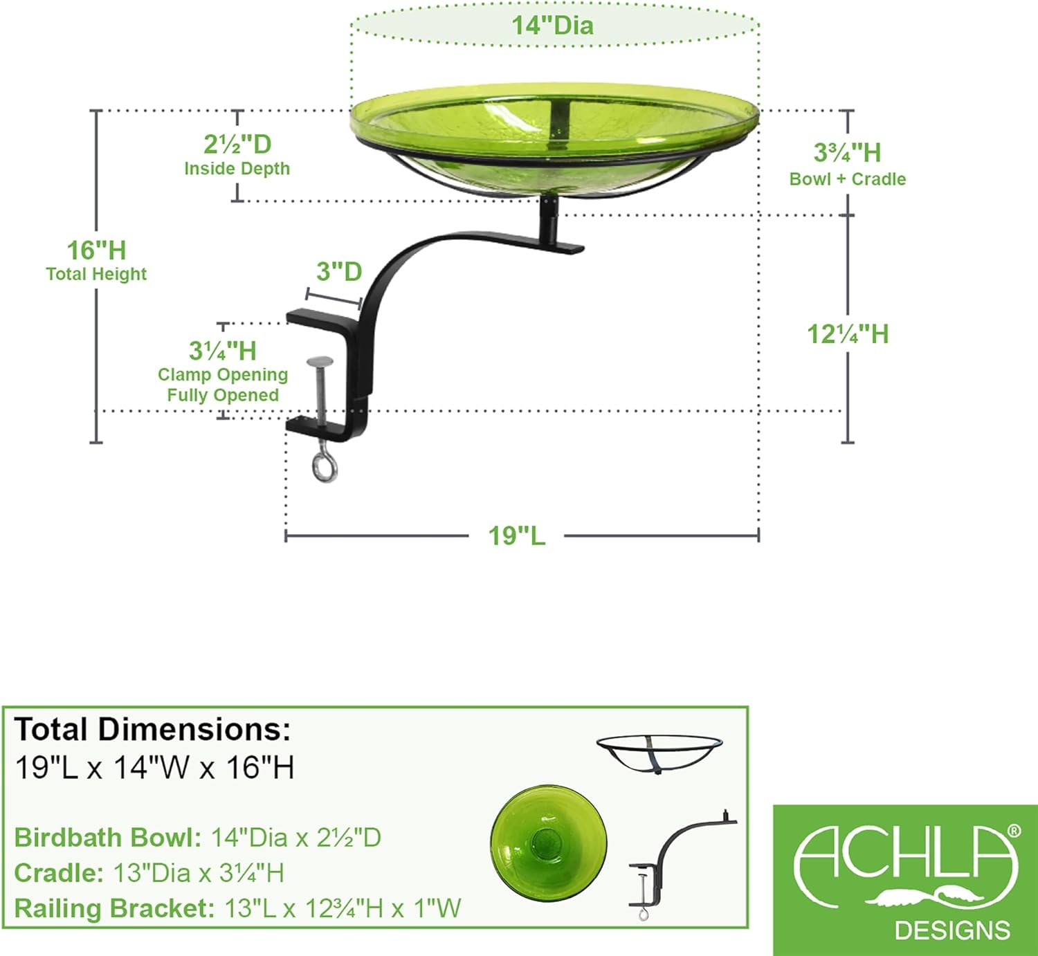 14" Fern Green Crackle Birdbath- Rail Mount Bracket